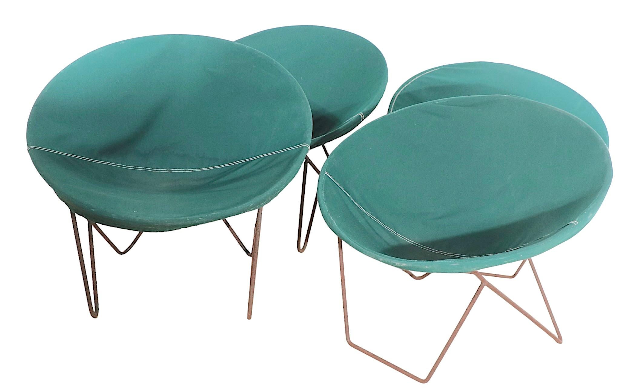 American Mid Century Wrought Iron and Canvass Hoop Chairs 4 Available Att. to Hedstrom For Sale