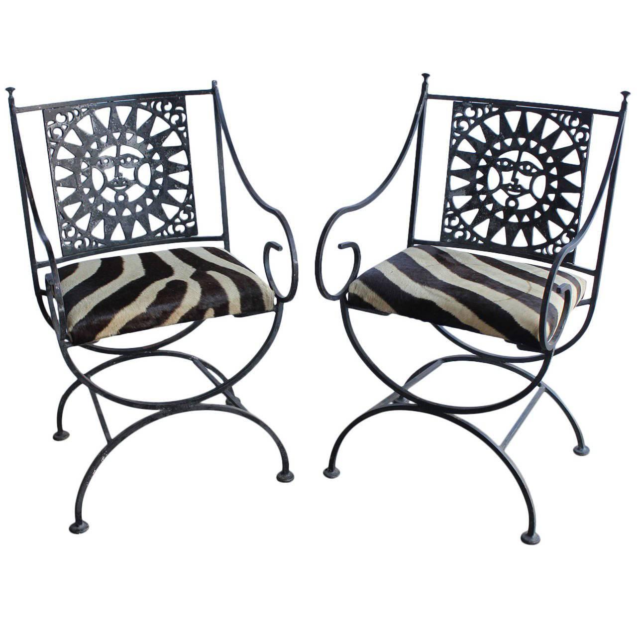 Midcentury Wrought Iron and Cowhide Sunburst Armchairs by Arthur Umanoff For Sale