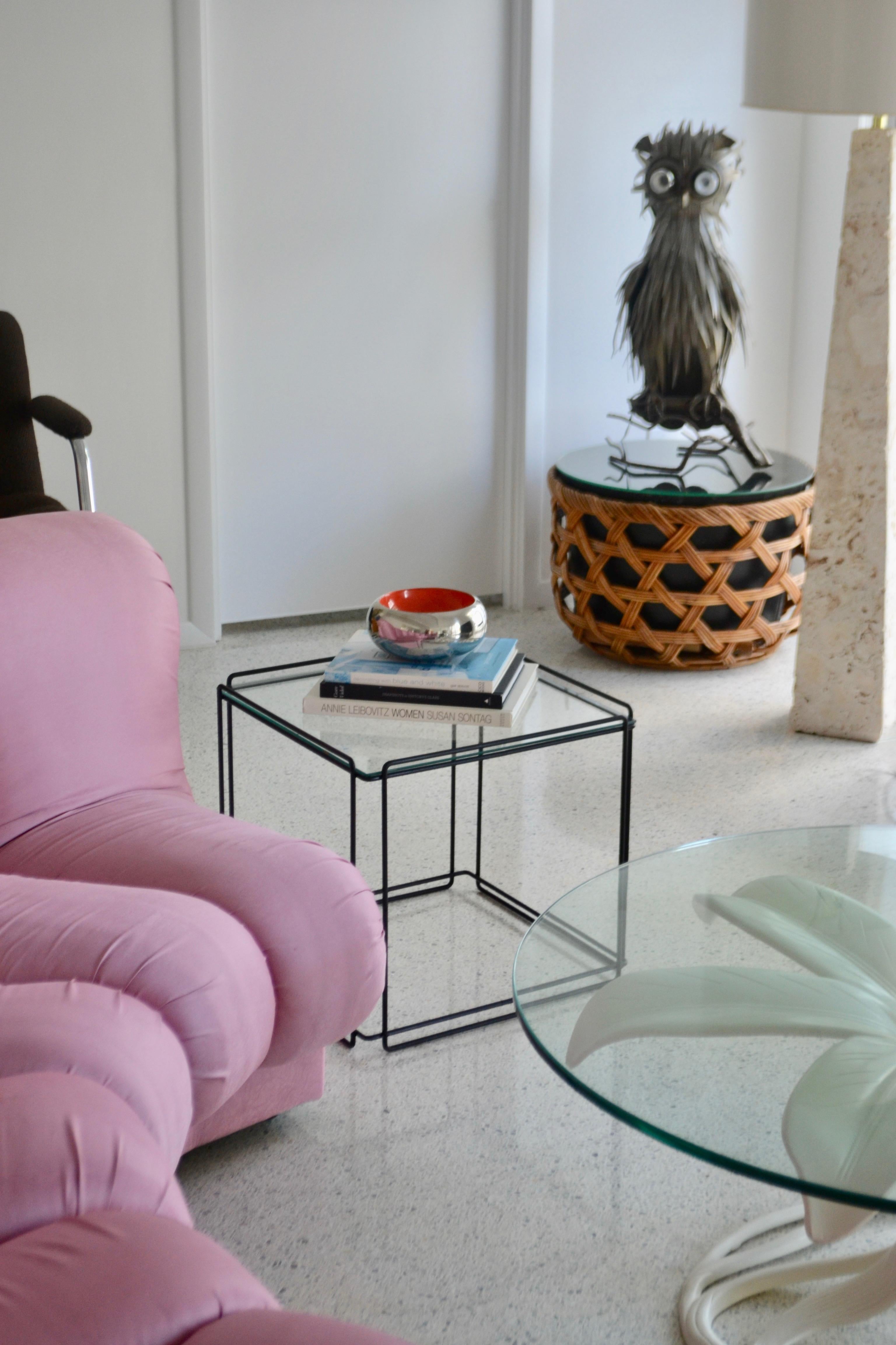 Striking black enameled steel and glass side table by Max Sauze, circa 1970s.