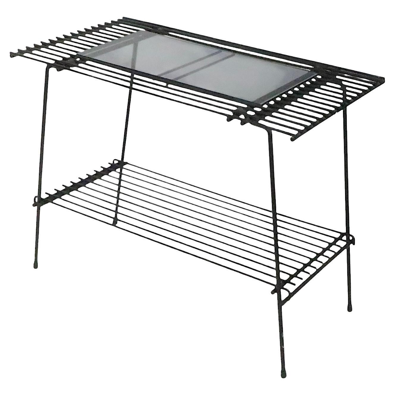 Mid Century Wrought Iron and Glass Side Table Plant Stand