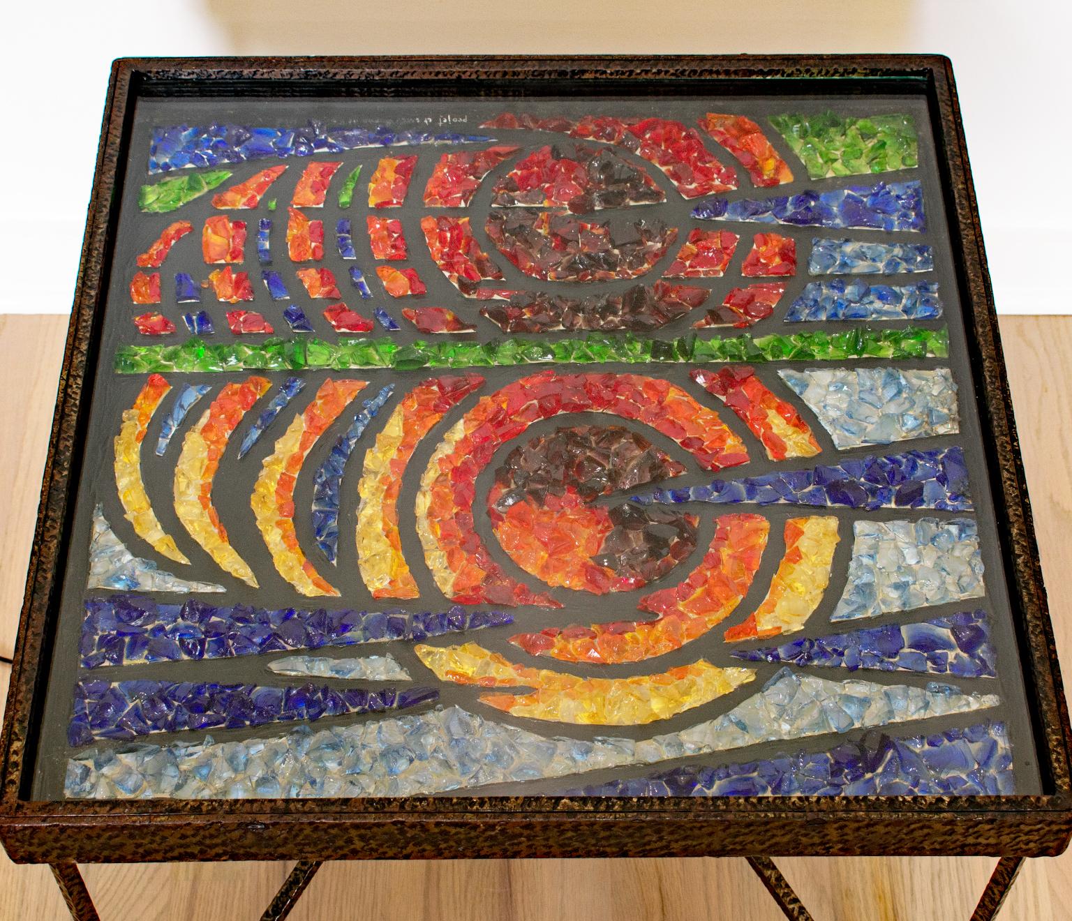 French Mid-Century Wrought Iron and Mosaic Side Coffee Table, France 1960s For Sale