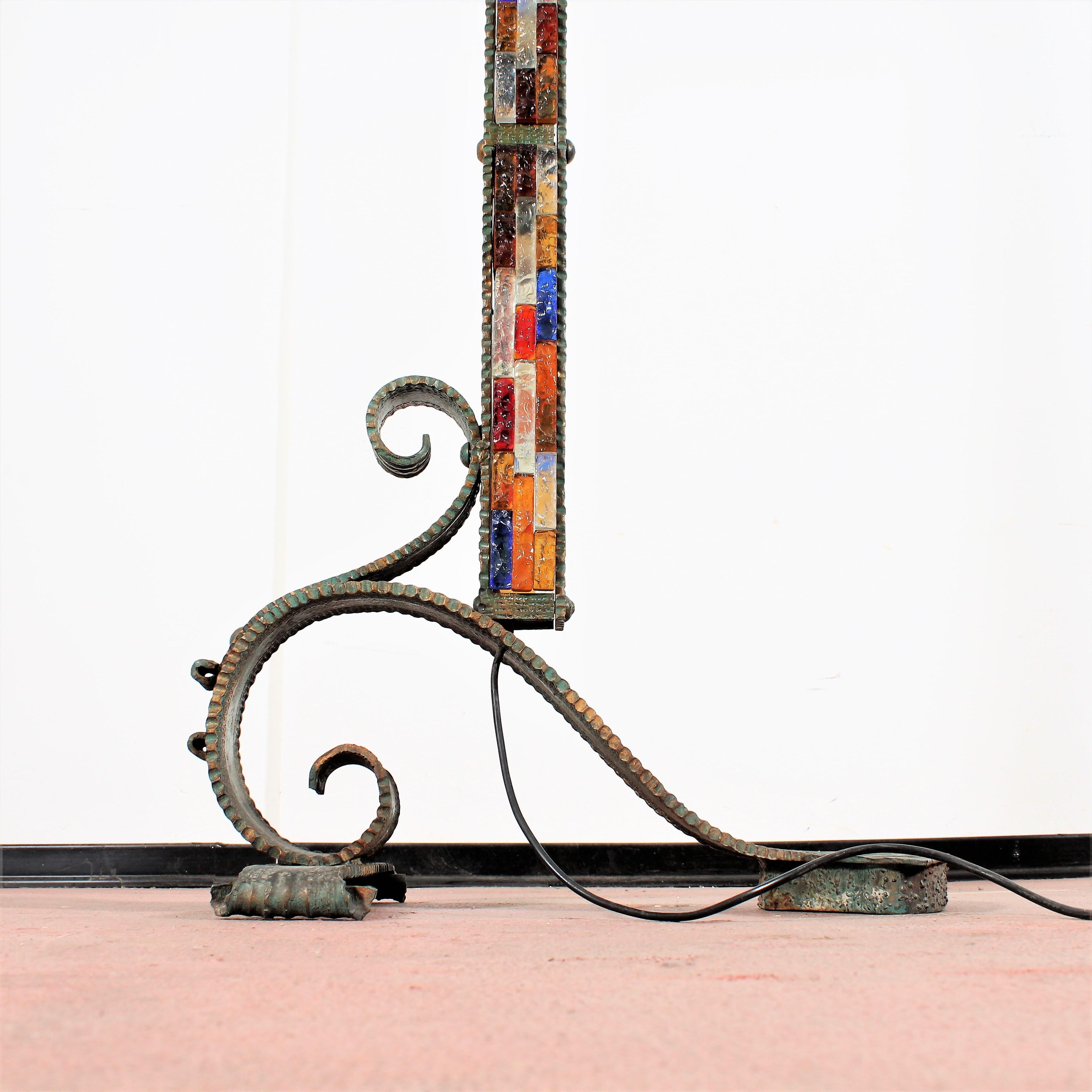 Mid-C. Brutalist Wrought Iron and Murano Glasses Floor Lamp VeArt, Italy, 1960s 9