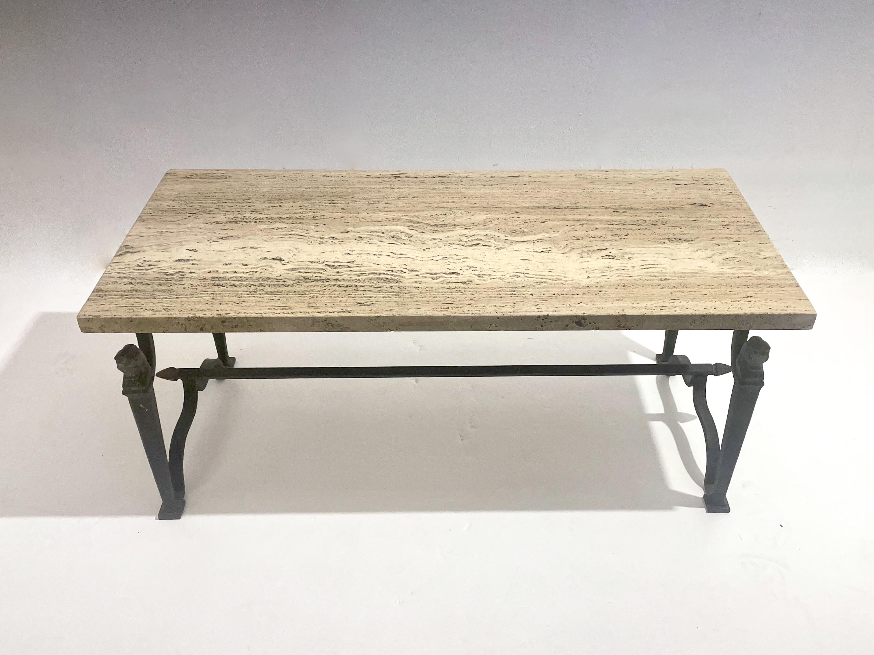 Mid-Century Wrought Iron and Travertine Coffee Table, 1940s In Good Condition For Sale In Brussels, BE