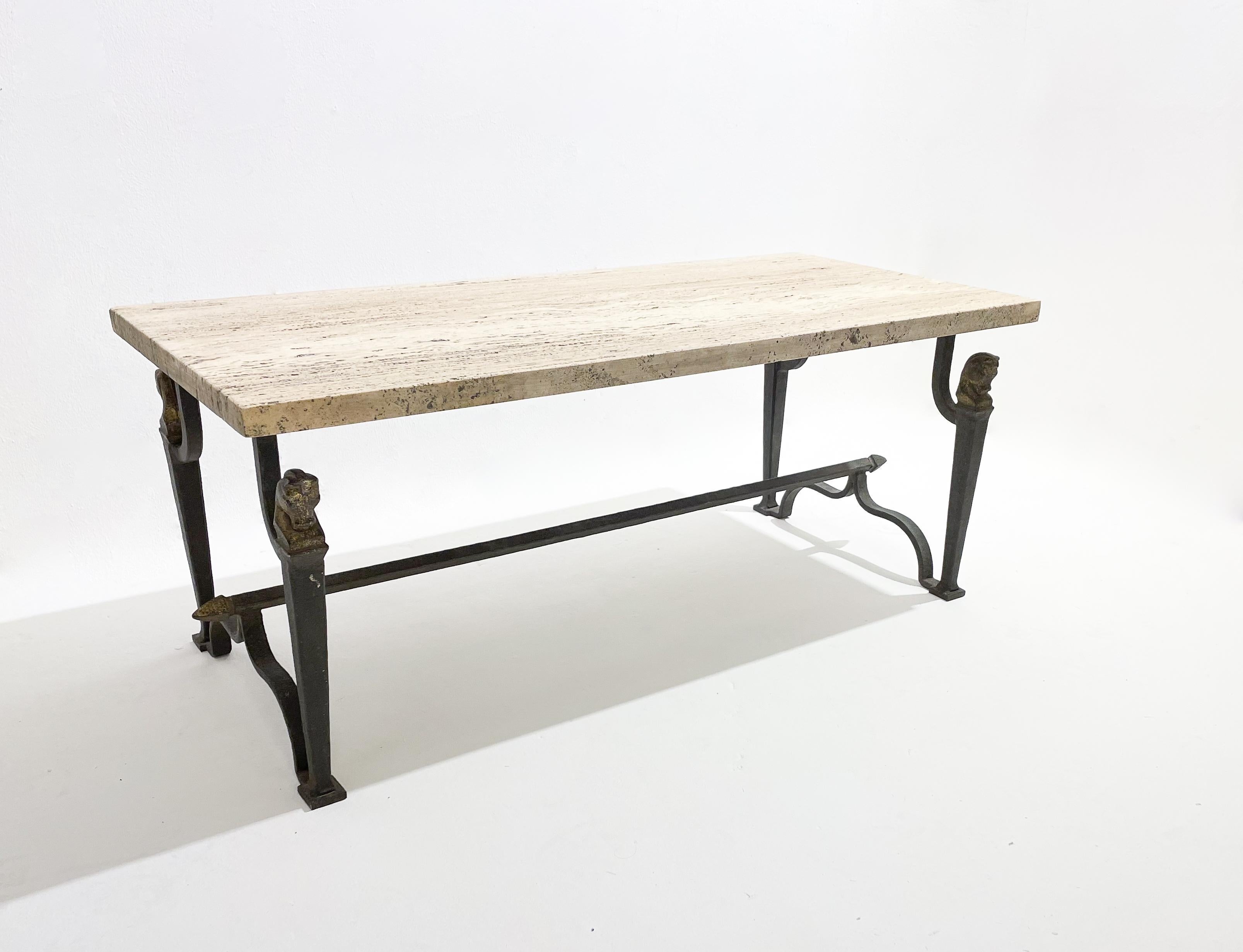 Mid-Century Wrought Iron and Travertine Coffee Table, 1940s For Sale 2