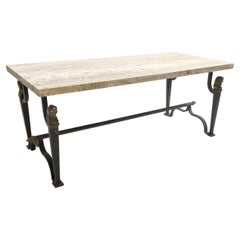 Table basse en fer forgé et travertin du milieu du siècle dernier, années 1940