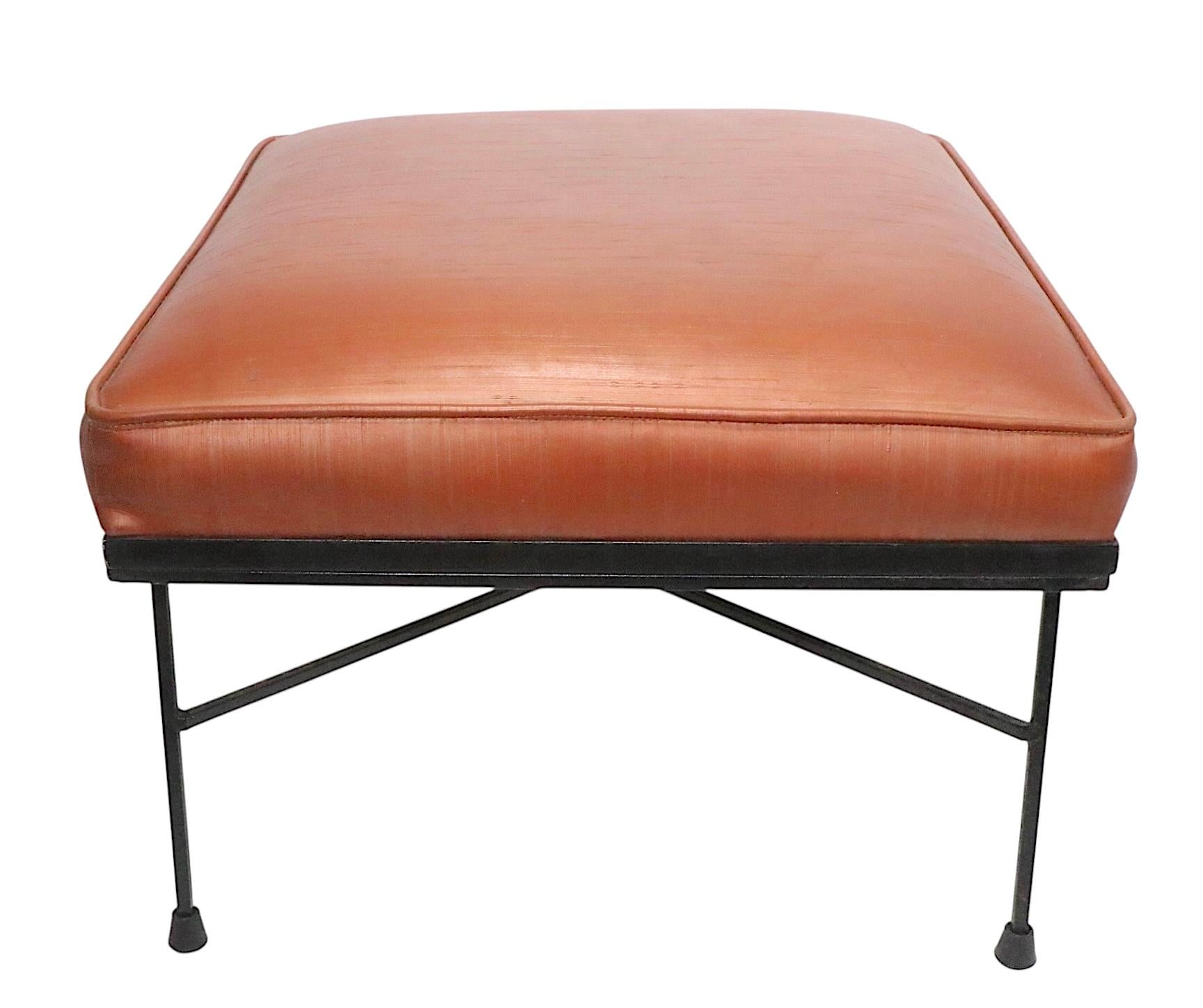 Naugahyde Mid Century Wrought  Iron and Upholstered  Footstool Ottoman by Troy Sunshade Co For Sale