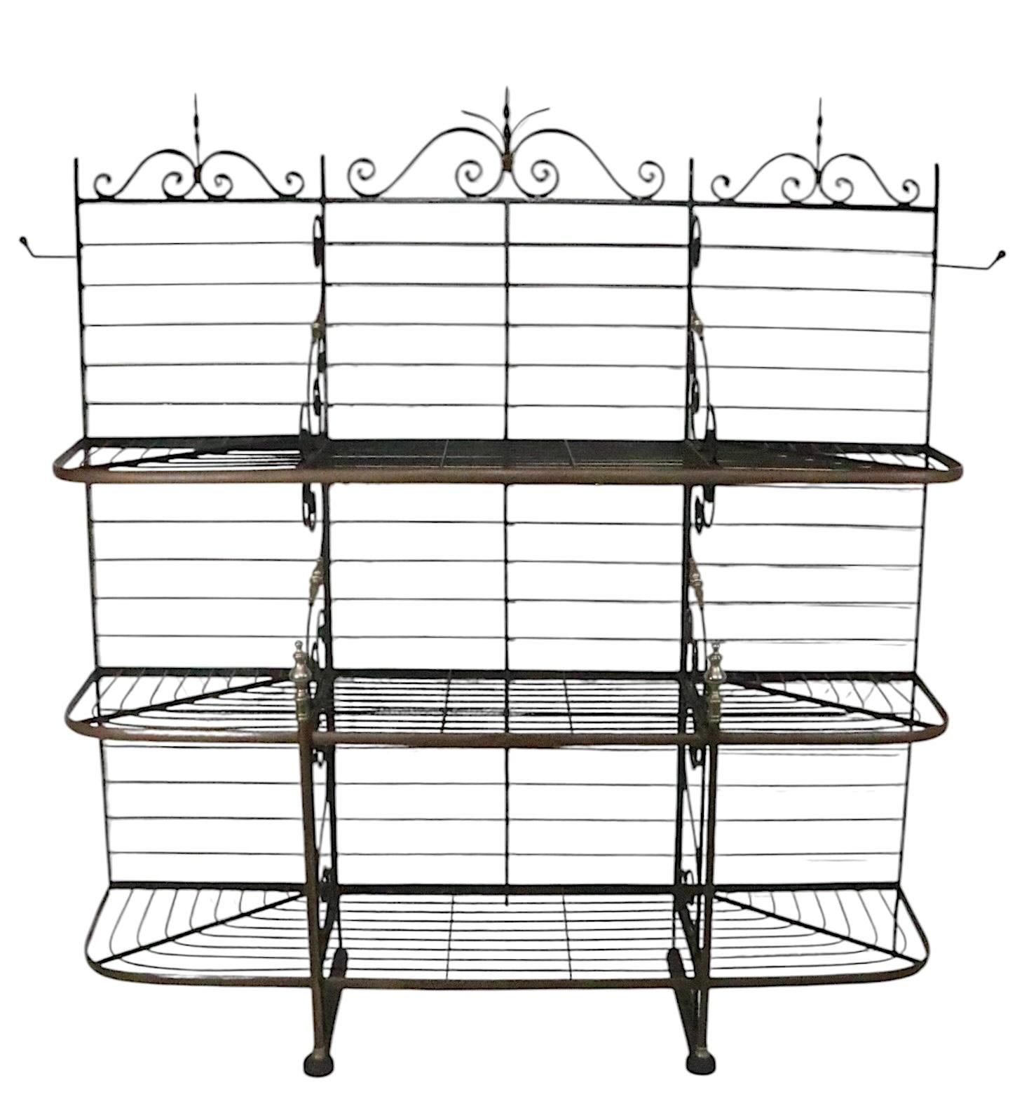 Mid Century Wrought Iron Brass and Steel French Style Bakers Rack For Sale 6