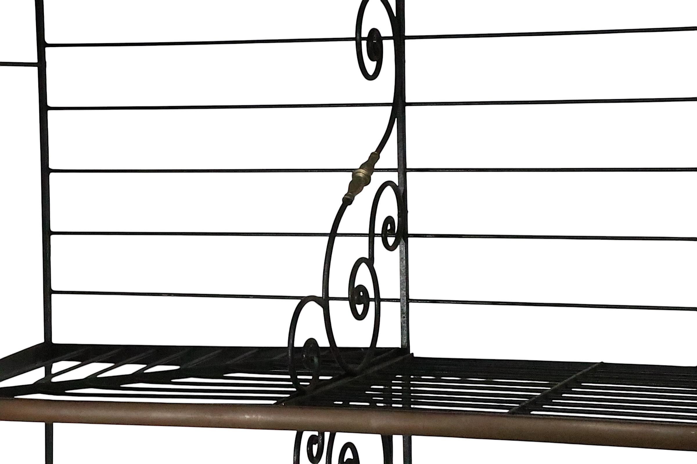 Mid Century Wrought Iron Brass and Steel French Style Bakers Rack For Sale 10