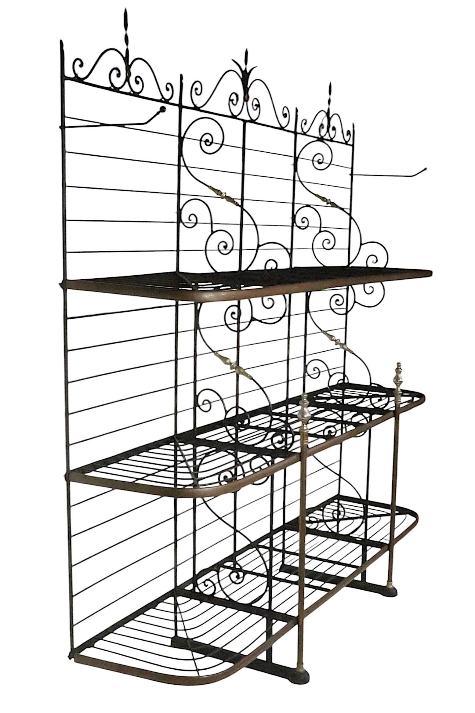 Mid Century Wrought Iron Brass and Steel French Style Bakers Rack For Sale 12