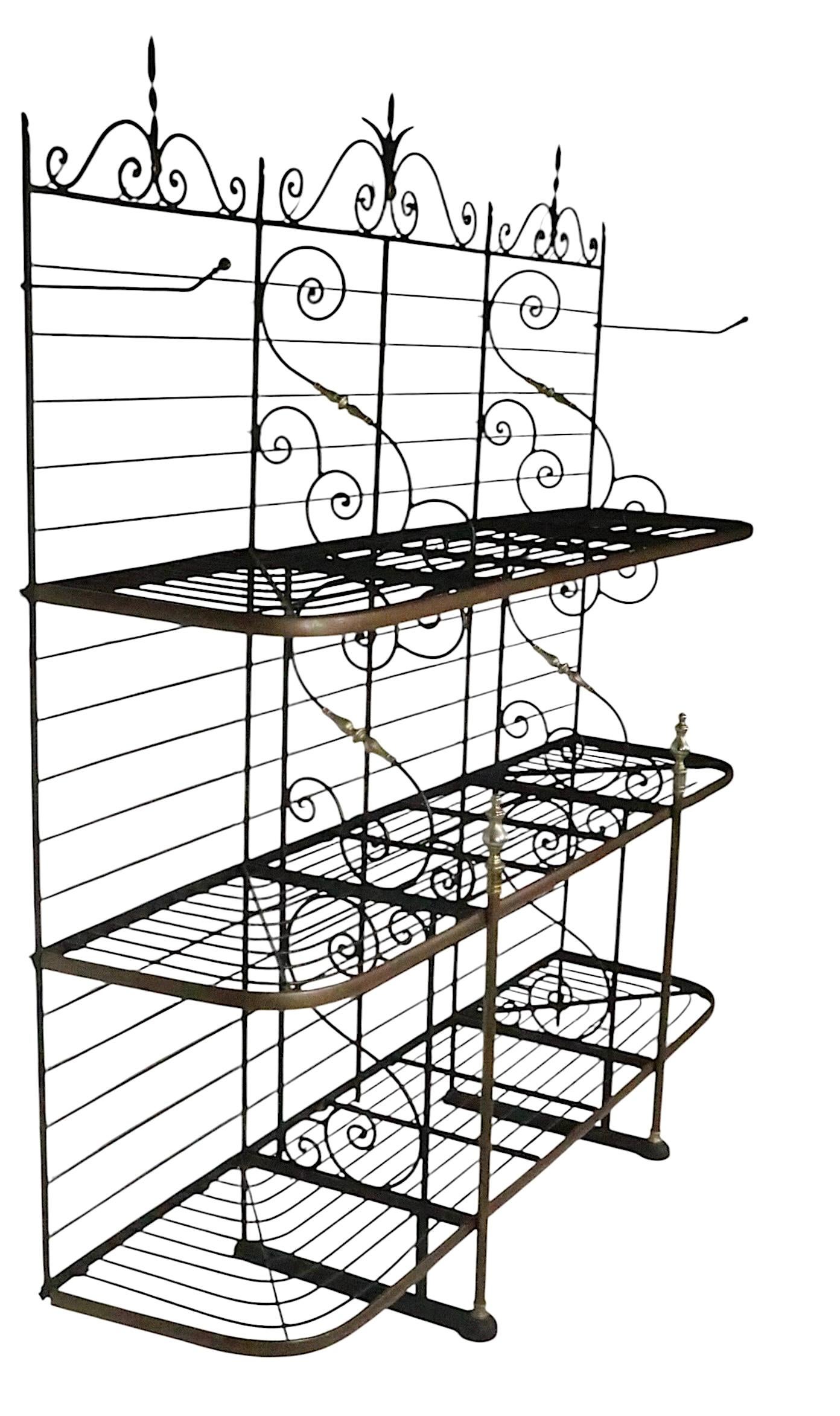 Mid Century Wrought Iron Brass and Steel French Style Bakers Rack For Sale 1