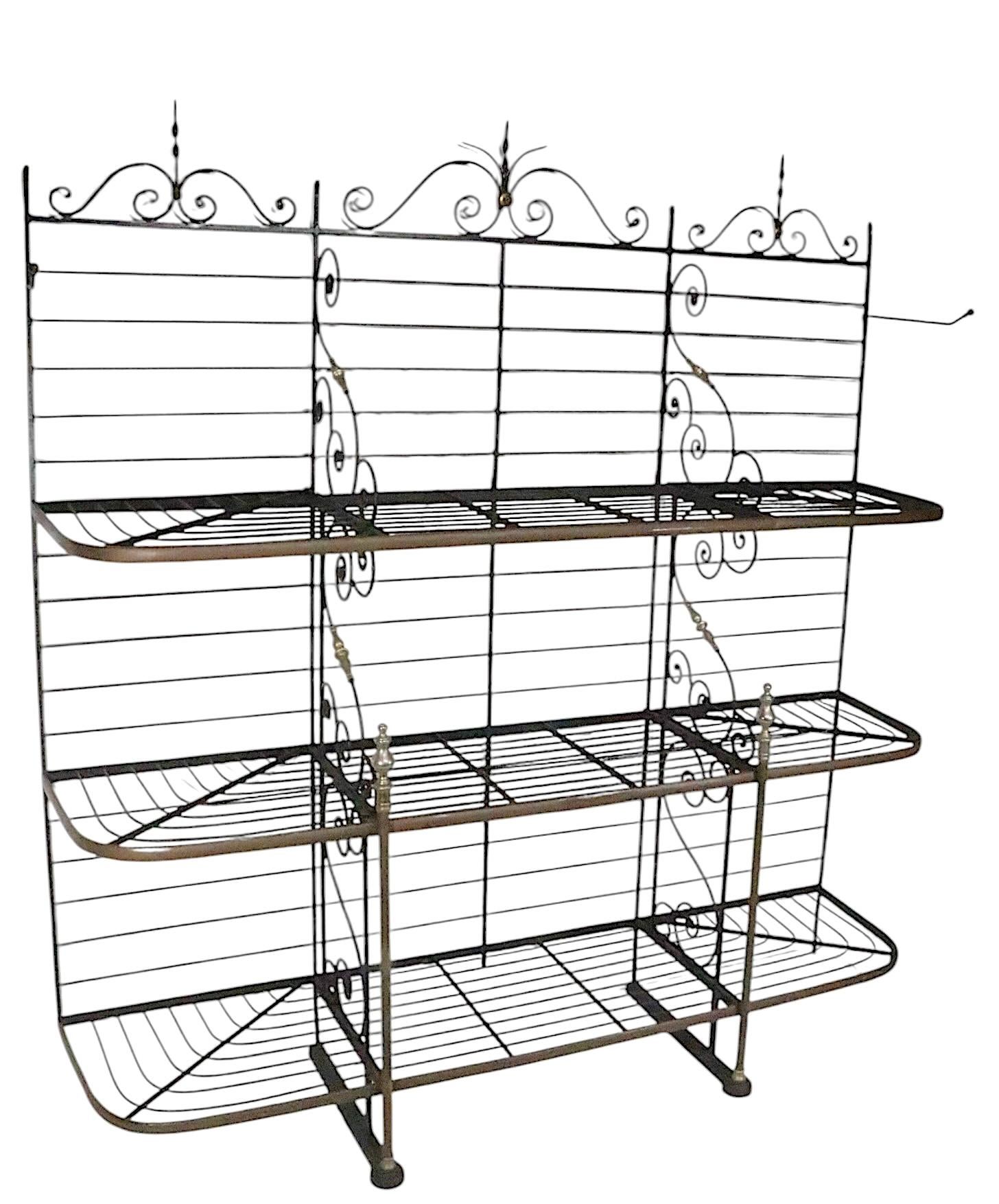 Mid Century Wrought Iron Brass and Steel French Style Bakers Rack For Sale 2