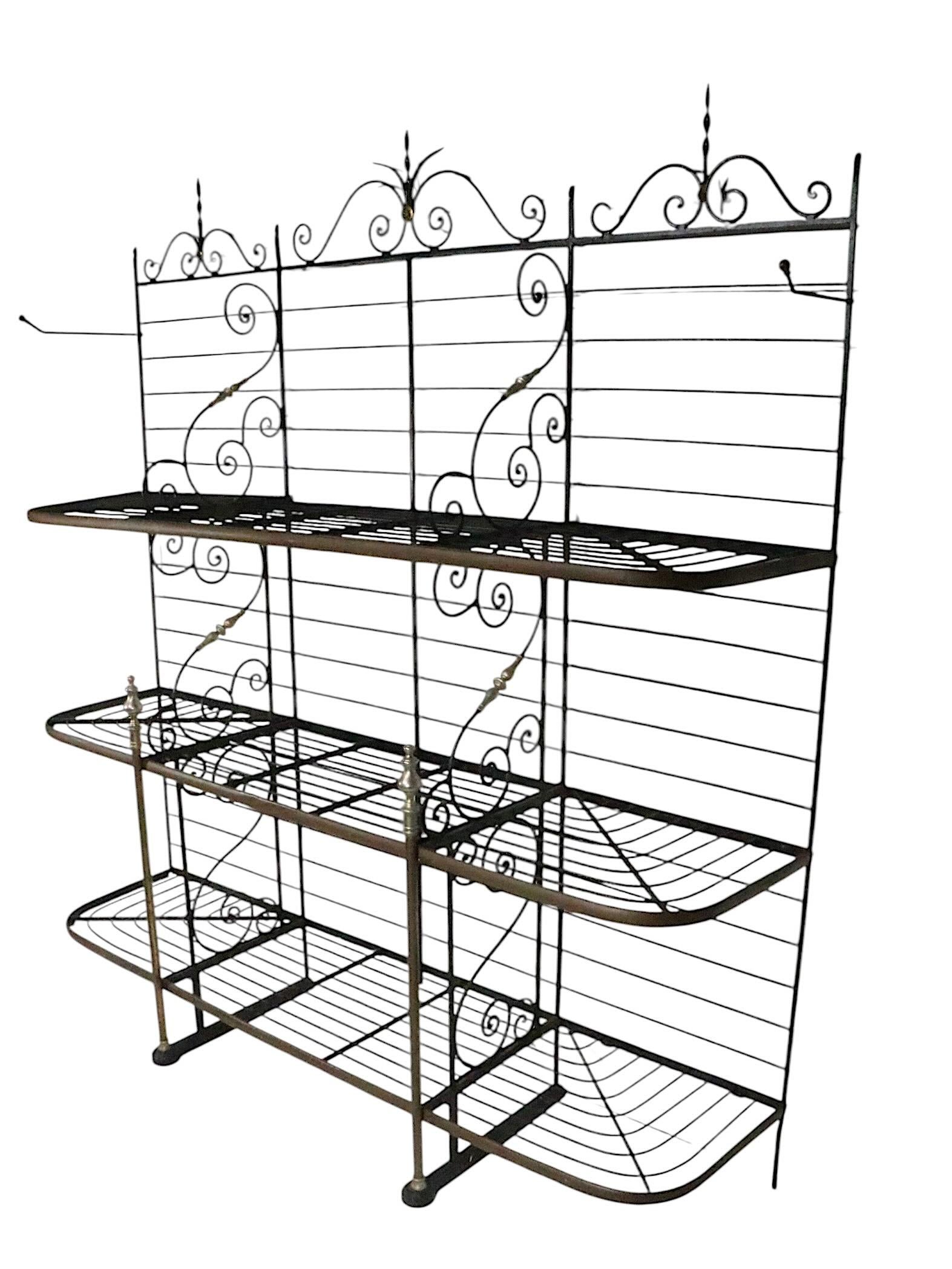 Mid Century Wrought Iron Brass and Steel French Style Bakers Rack For Sale 4