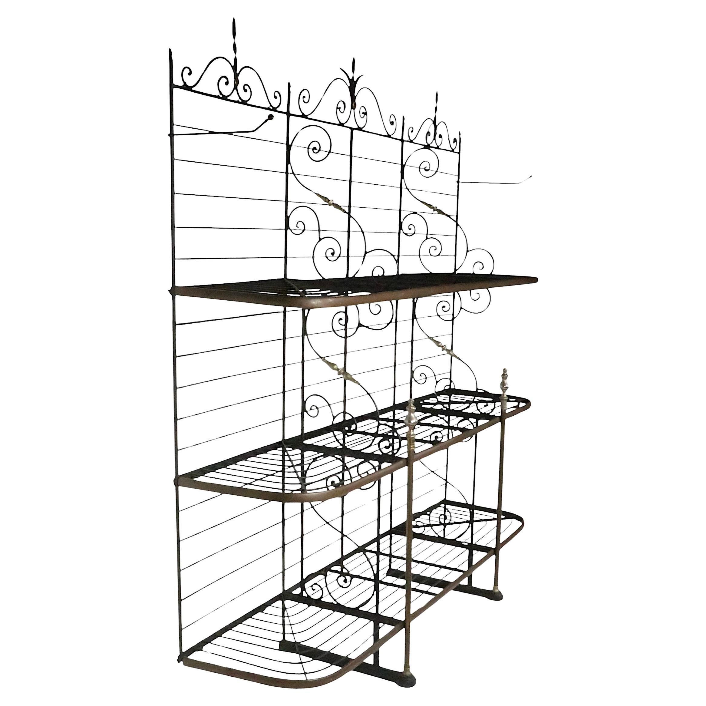 Mid Century Wrought Iron Brass and Steel French Style Bakers Rack