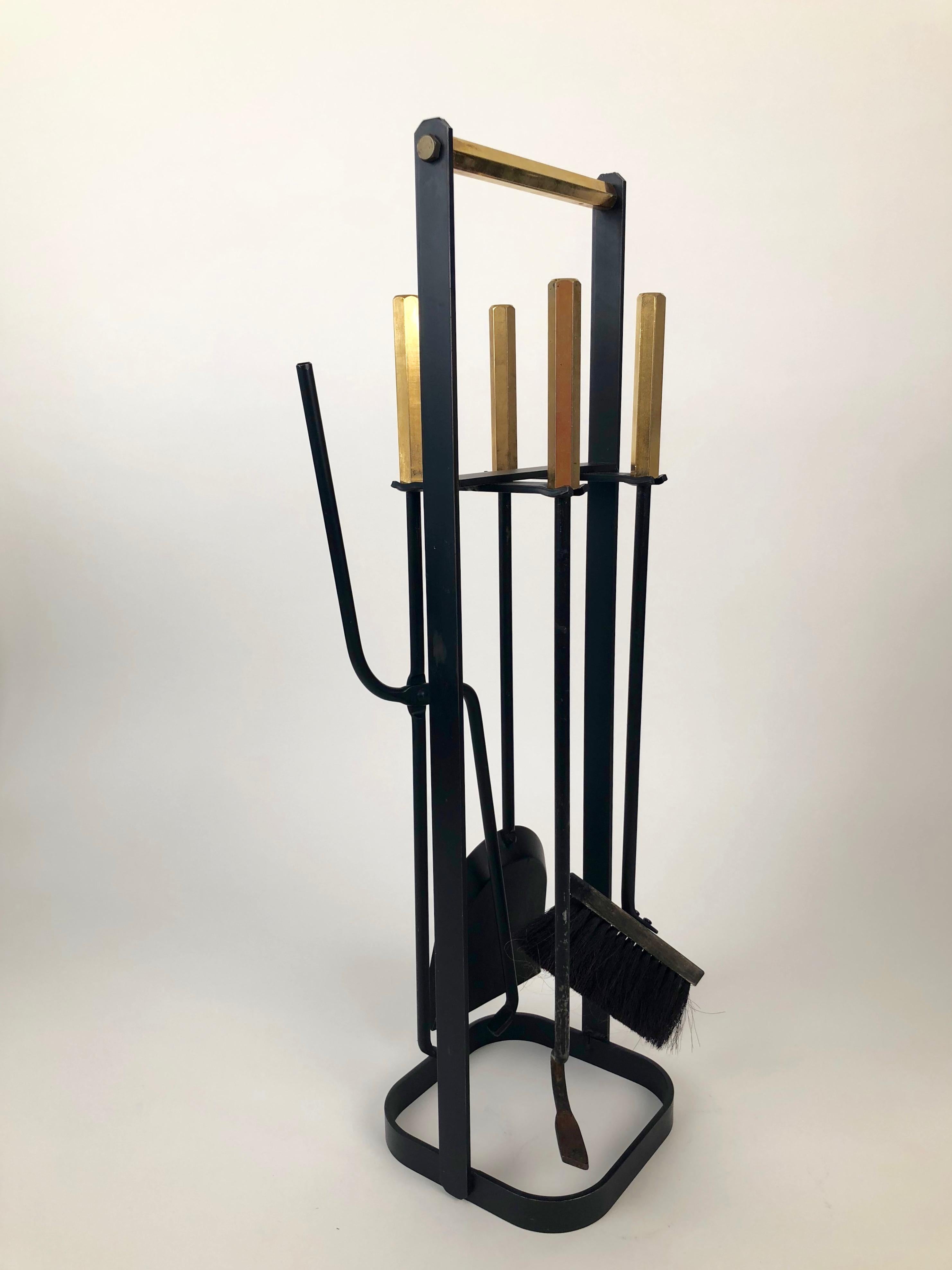 Mid-Century Modern Midcentury, Wrought Iron Fireplace Tools with Brass Handles from the 1960s