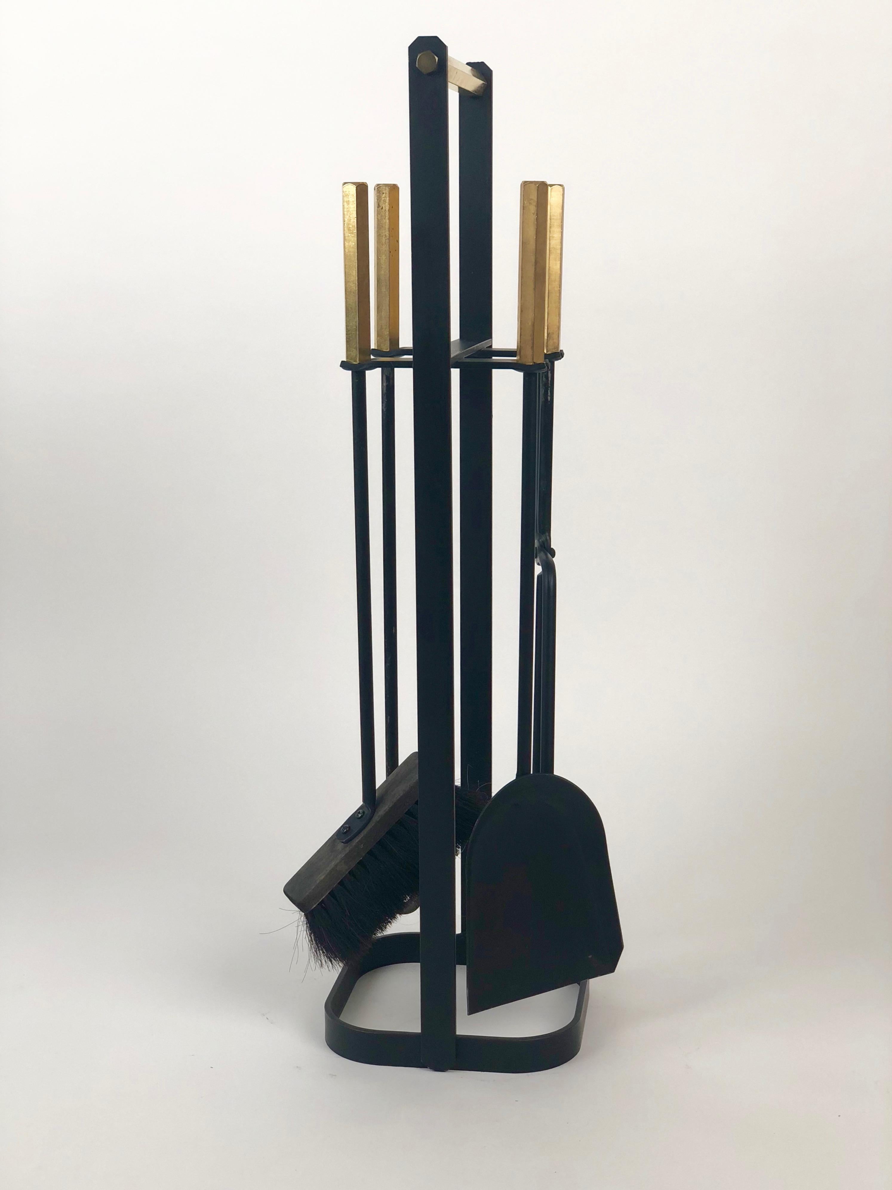 Austrian Midcentury, Wrought Iron Fireplace Tools with Brass Handles from the 1960s