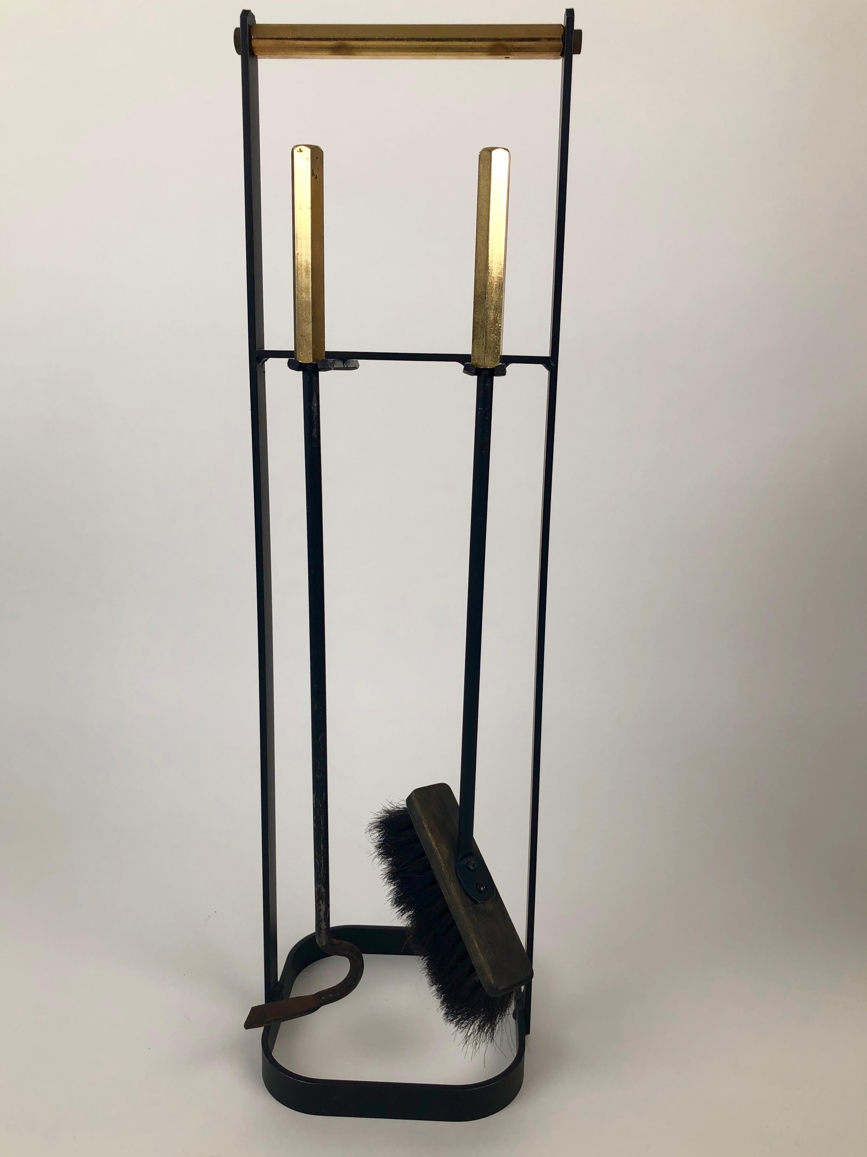 Forged Midcentury, Wrought Iron Fireplace Tools with Brass Handles from the 1960s
