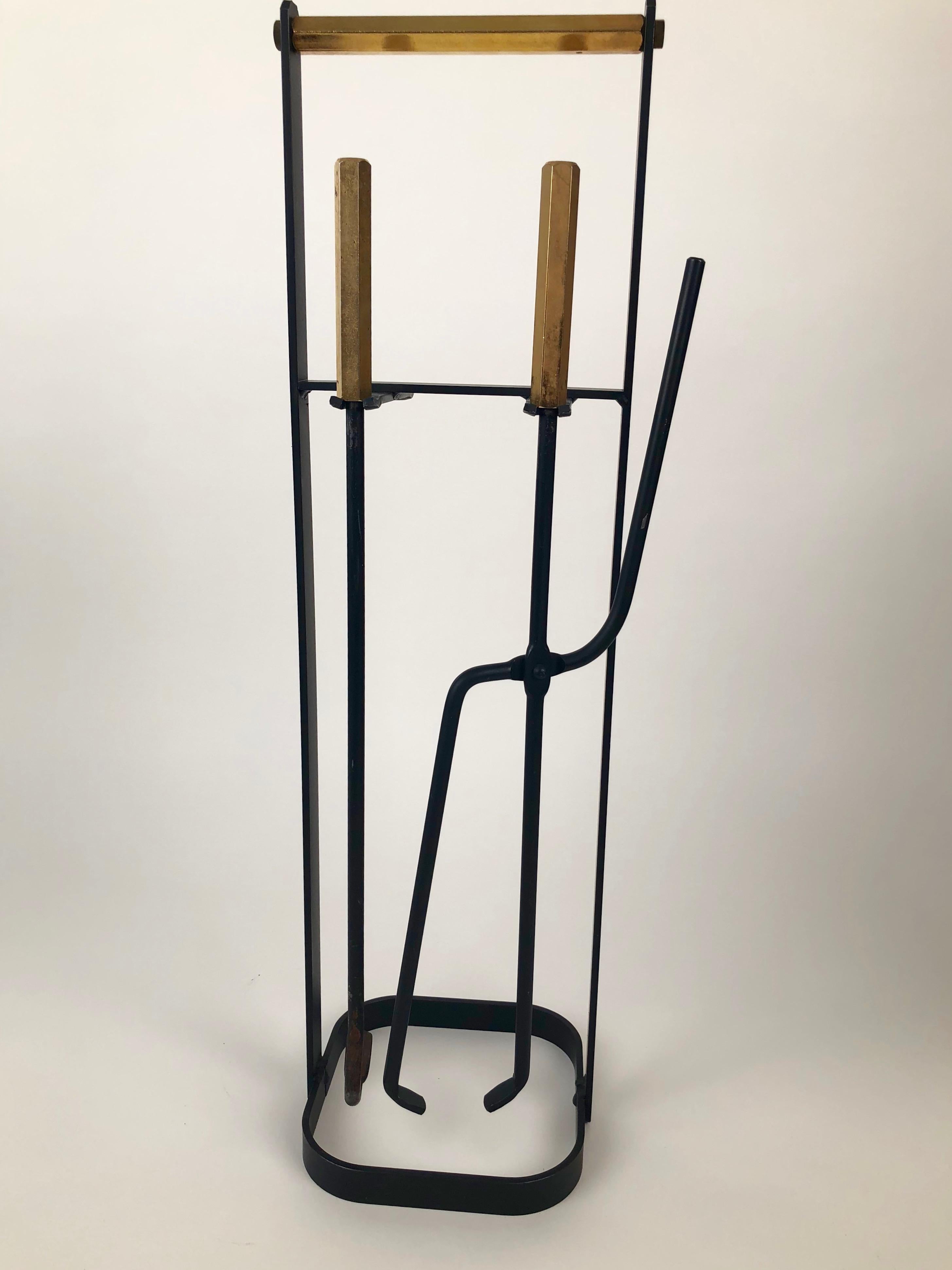 Midcentury, Wrought Iron Fireplace Tools with Brass Handles from the 1960s In Good Condition In Vienna, Austria