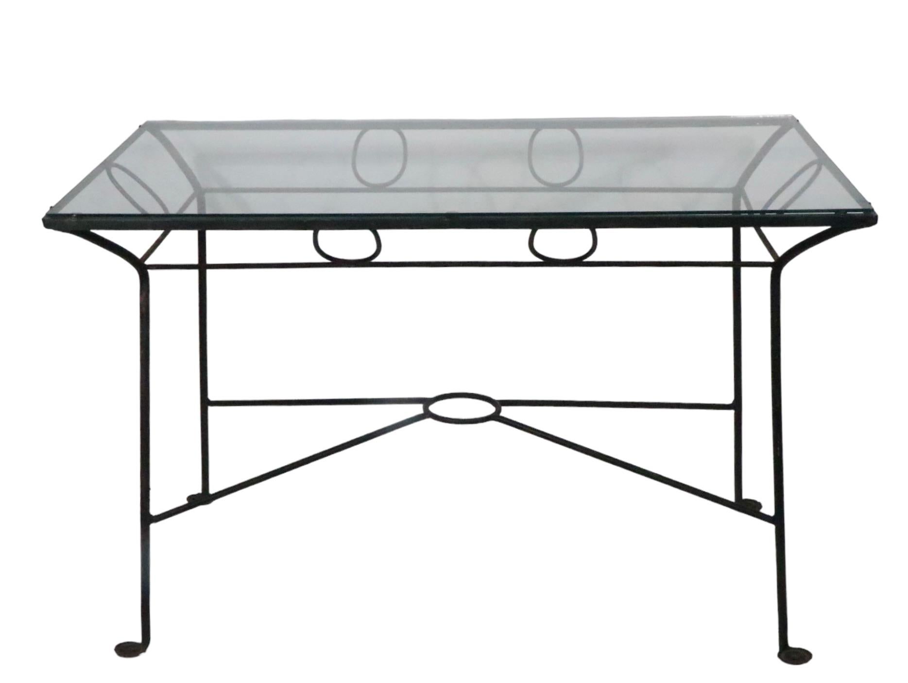 Mid Century Wrought Iron Glass Top Garden Patio Poolside Dining Table  4