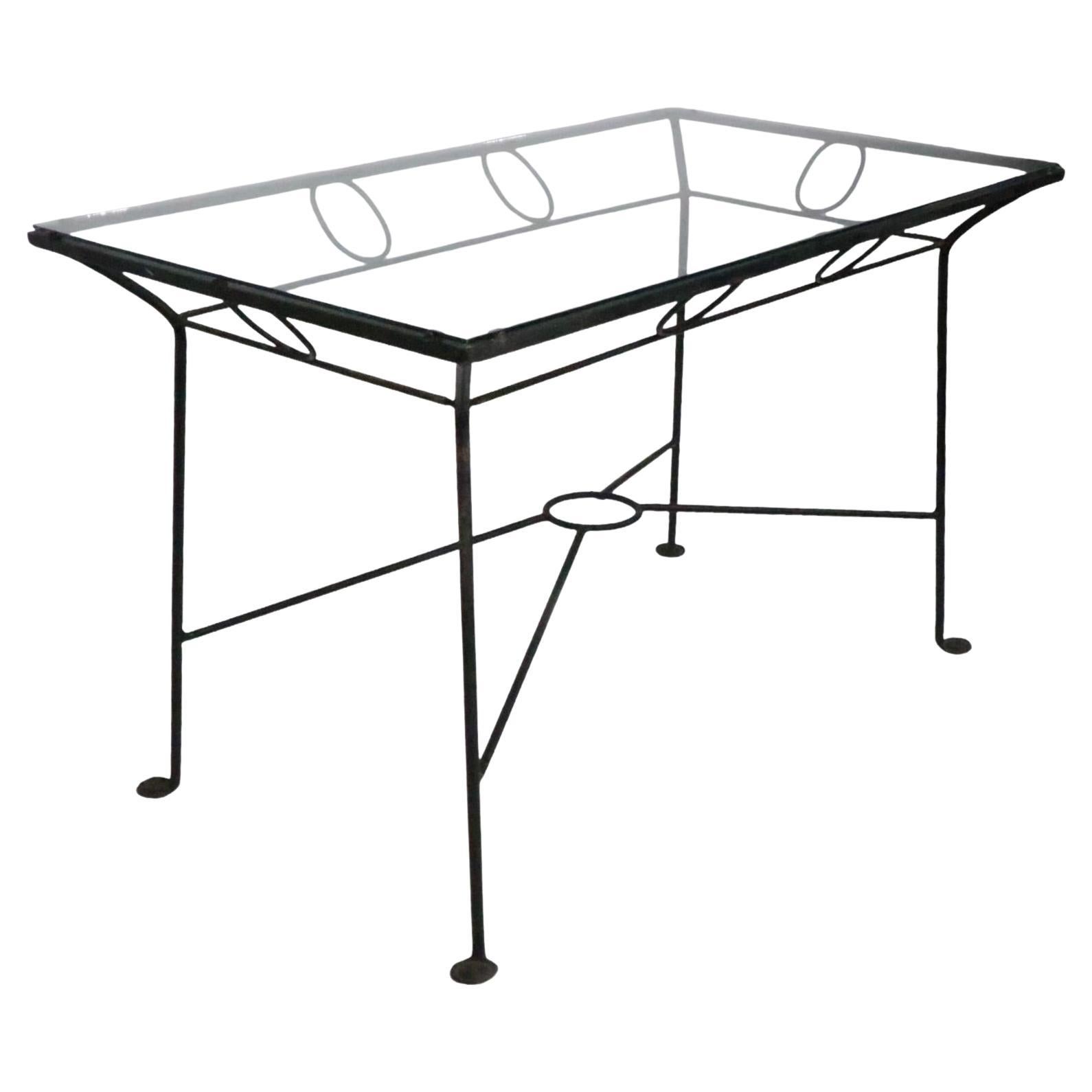 Mid Century Wrought Iron Glass Top Garden Patio Poolside Dining Table  For Sale