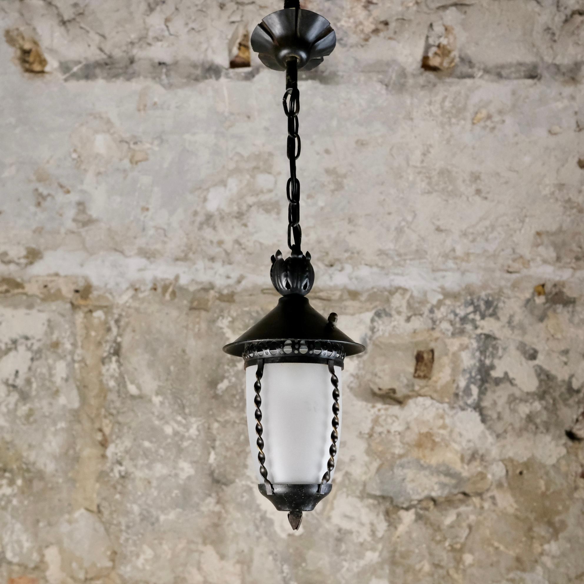 Farol de hierro forjado de mediados de siglo, Francia, años 50 Vidrio en venta