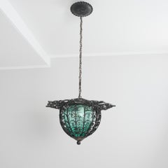 Mid-Century Wrought Iron Lantern Pendant with Green Hand Blown Glass Shade