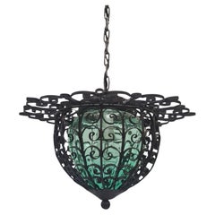 Mid-Century Wrought Iron Lantern Pendant with Green Hand Blown Glass Shade