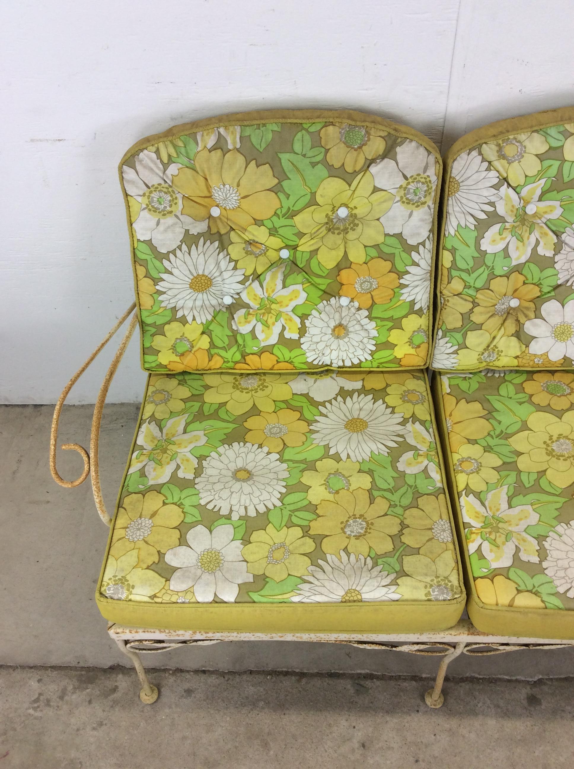 Mid Century Wrought Iron Loveseat with Vintage Upholstery In Good Condition For Sale In Freehold, NJ