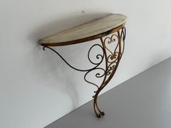 Mid-Century Wrought Iron Marble Top Floating Wall Console Table, 1950s, Italy