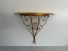 Mid-Century Wrought Iron Marble Top Floating Wall Console Table, 1950s, Italy