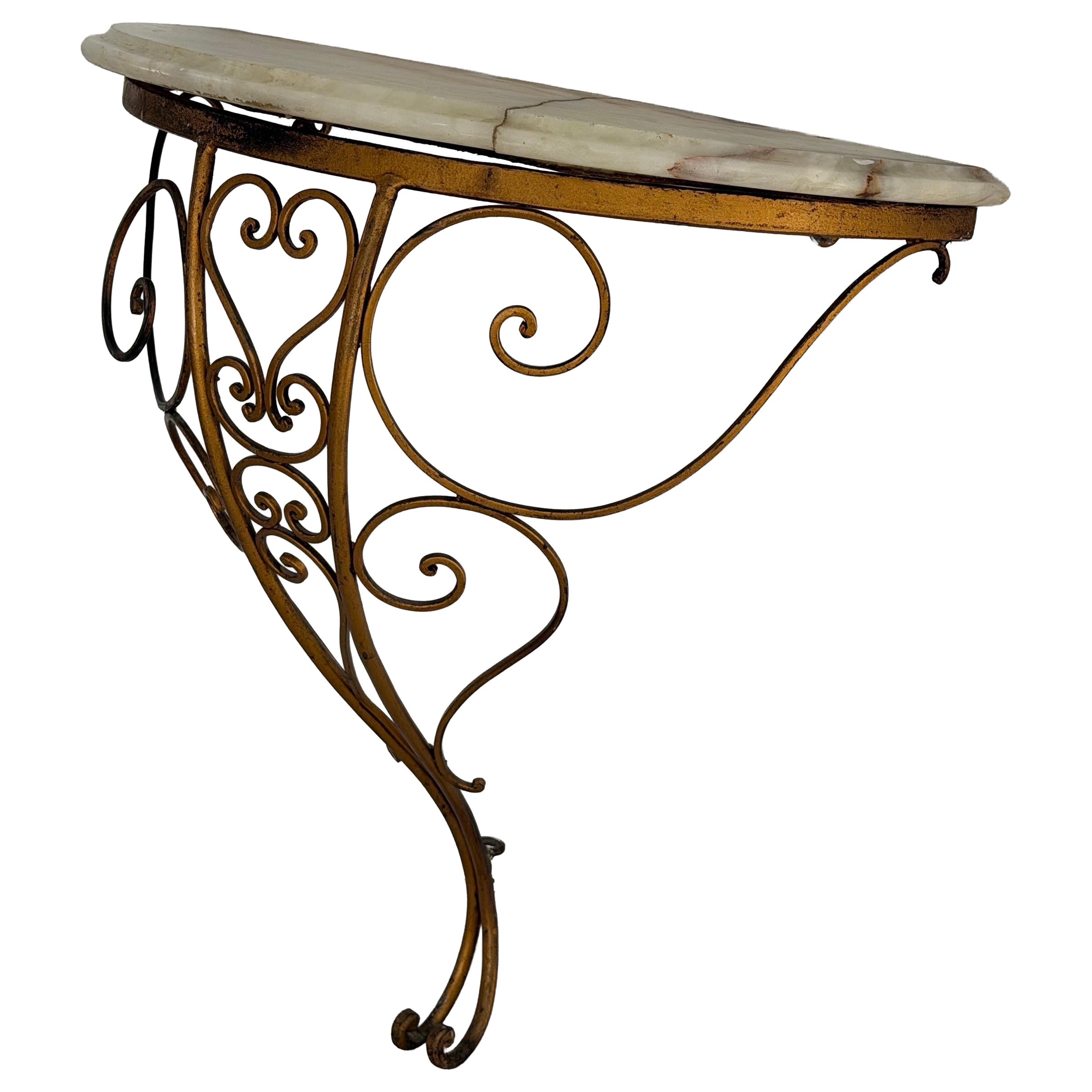 Mid-Century Wrought Iron Marble Top Floating Wall Console Table, 1950s, Italy For Sale