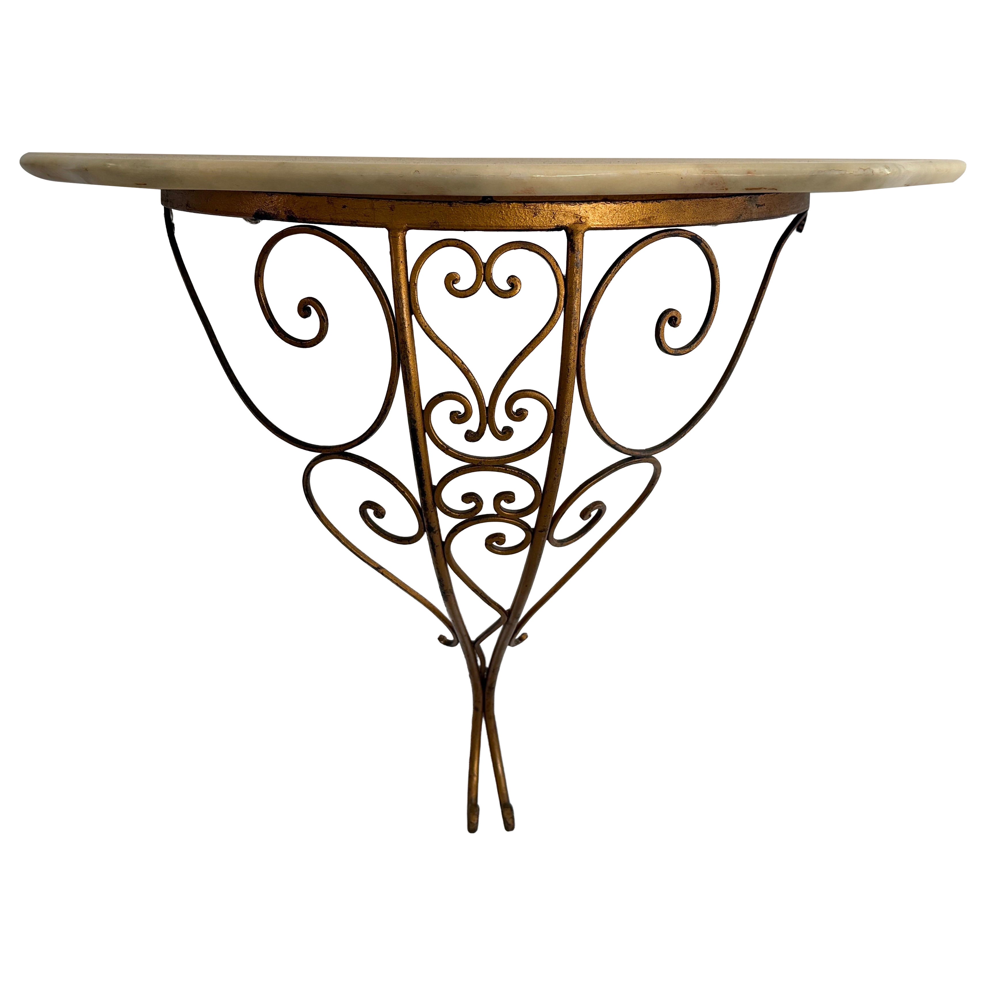 Mid-Century Wrought Iron Marble Top Floating Wall Console Table, 1950s, Italy