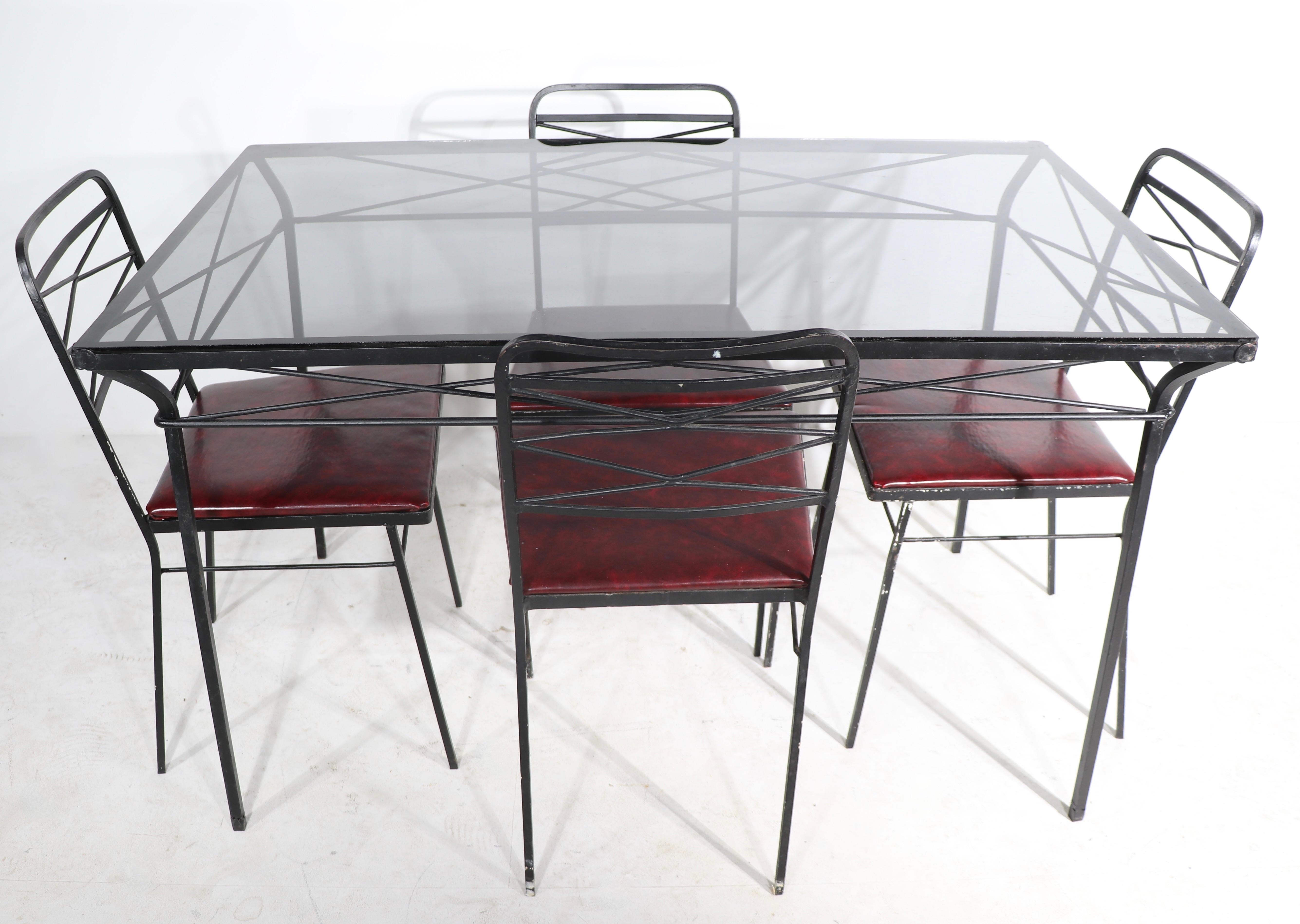 Mid Century Wrought Iron Patio Garden Poolside Dinette Set Table and Four Chairs 3