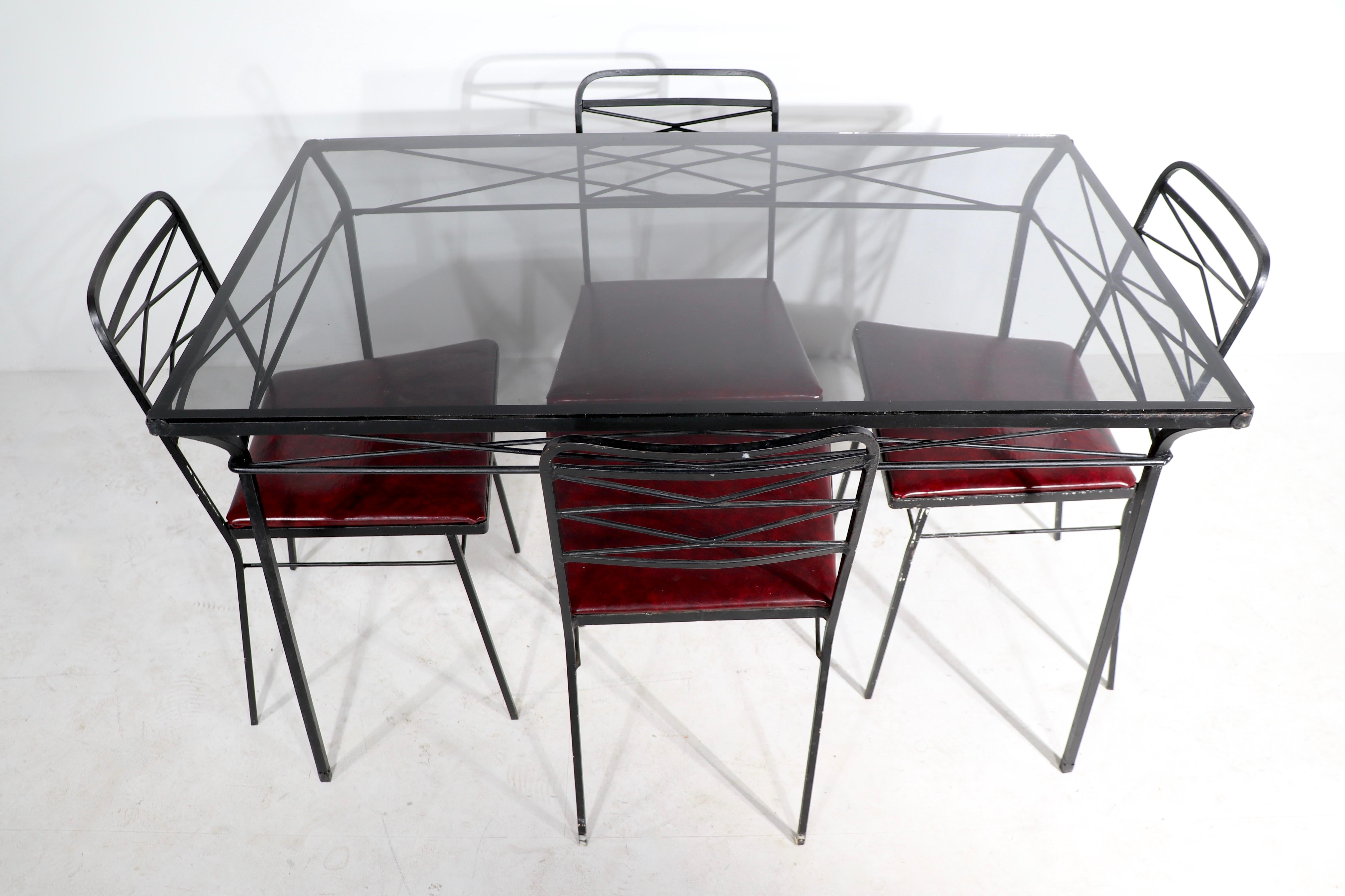 Mid Century Wrought Iron Patio Garden Poolside Dinette Set Table and Four Chairs 4