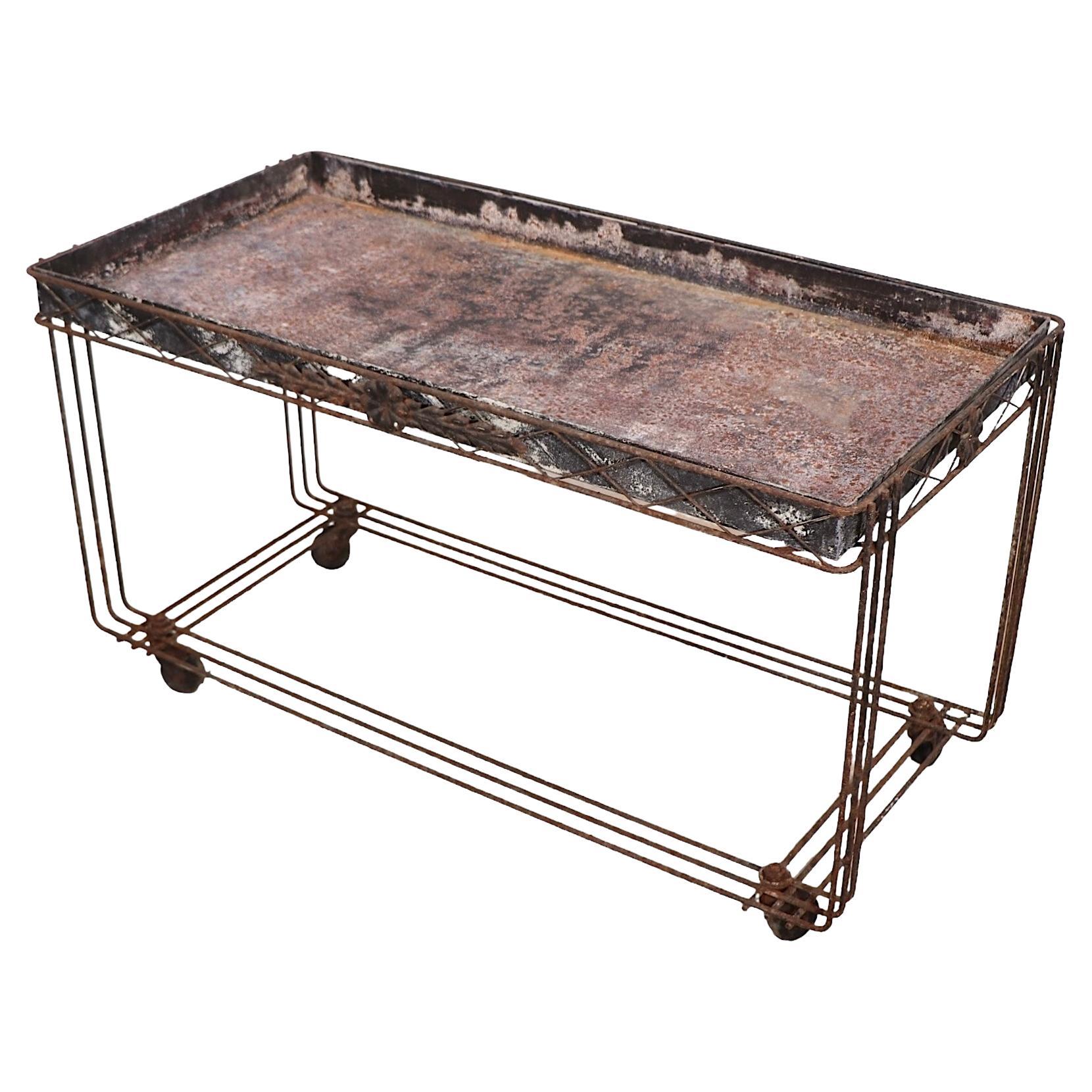 Table de jardinage inhabituelle en fer forgé et étain avec un plateau amovible (étain) qui repose dans la base en fer forgé, sur sa base à roulettes d'origine.  Provenant à l'origine d'une ancienne boutique de fleuriste, ce support est parfait pour