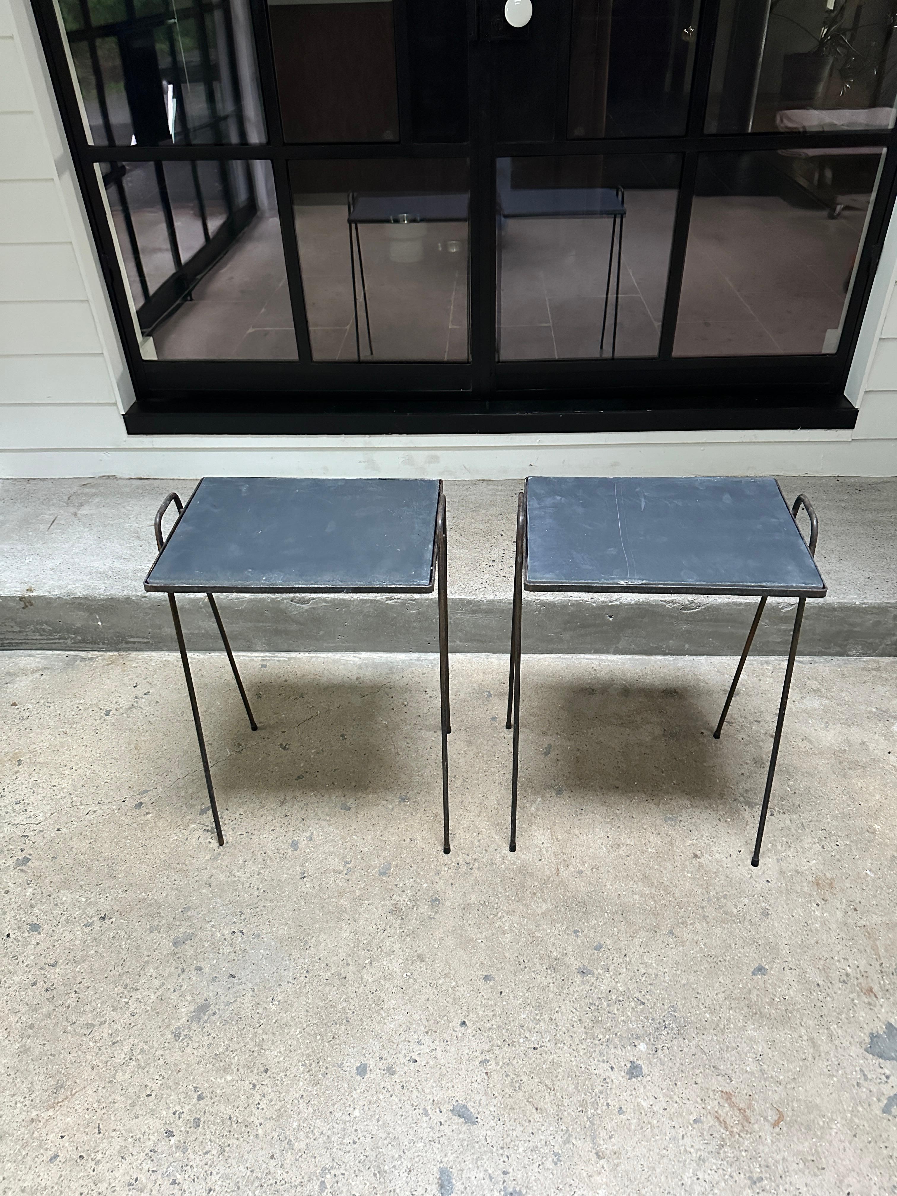 Mid-Century Modern Mid Century wrought iron side tables with slate tops - 2 available For Sale