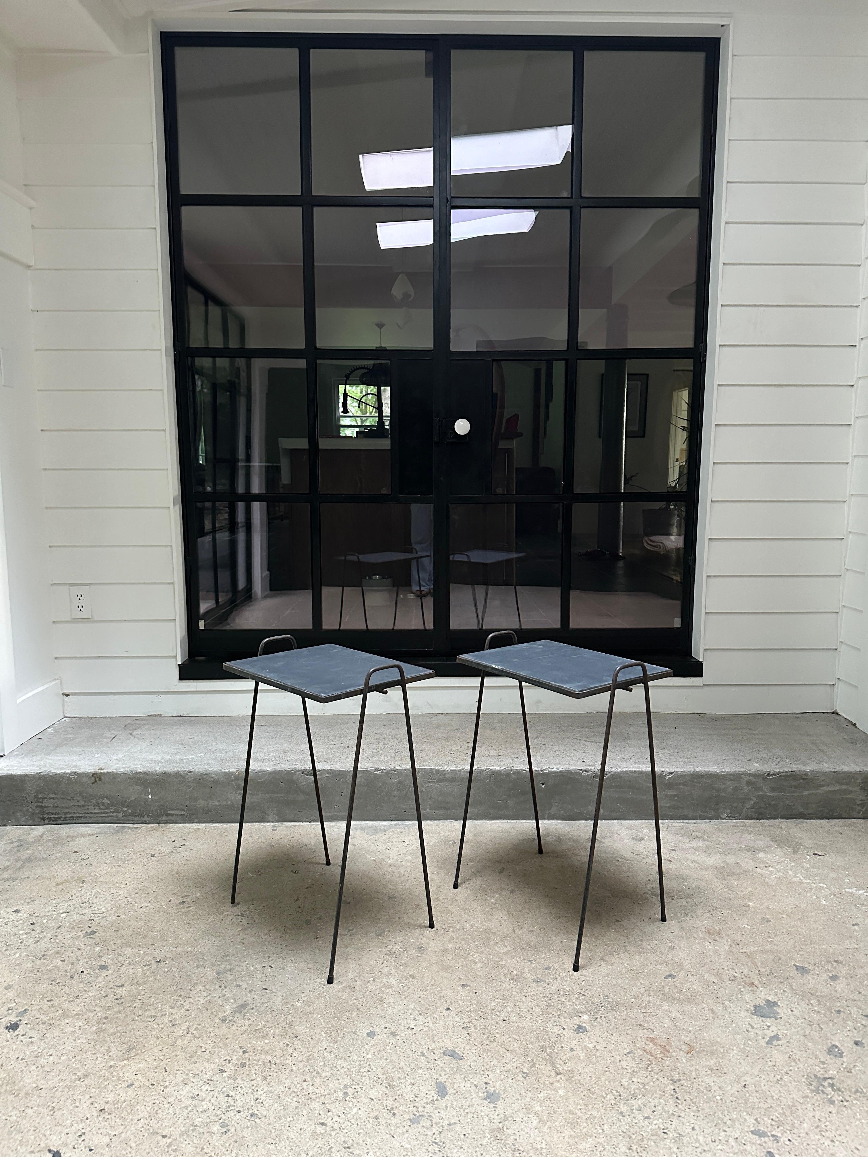 American Mid Century wrought iron side tables with slate tops - 2 available For Sale