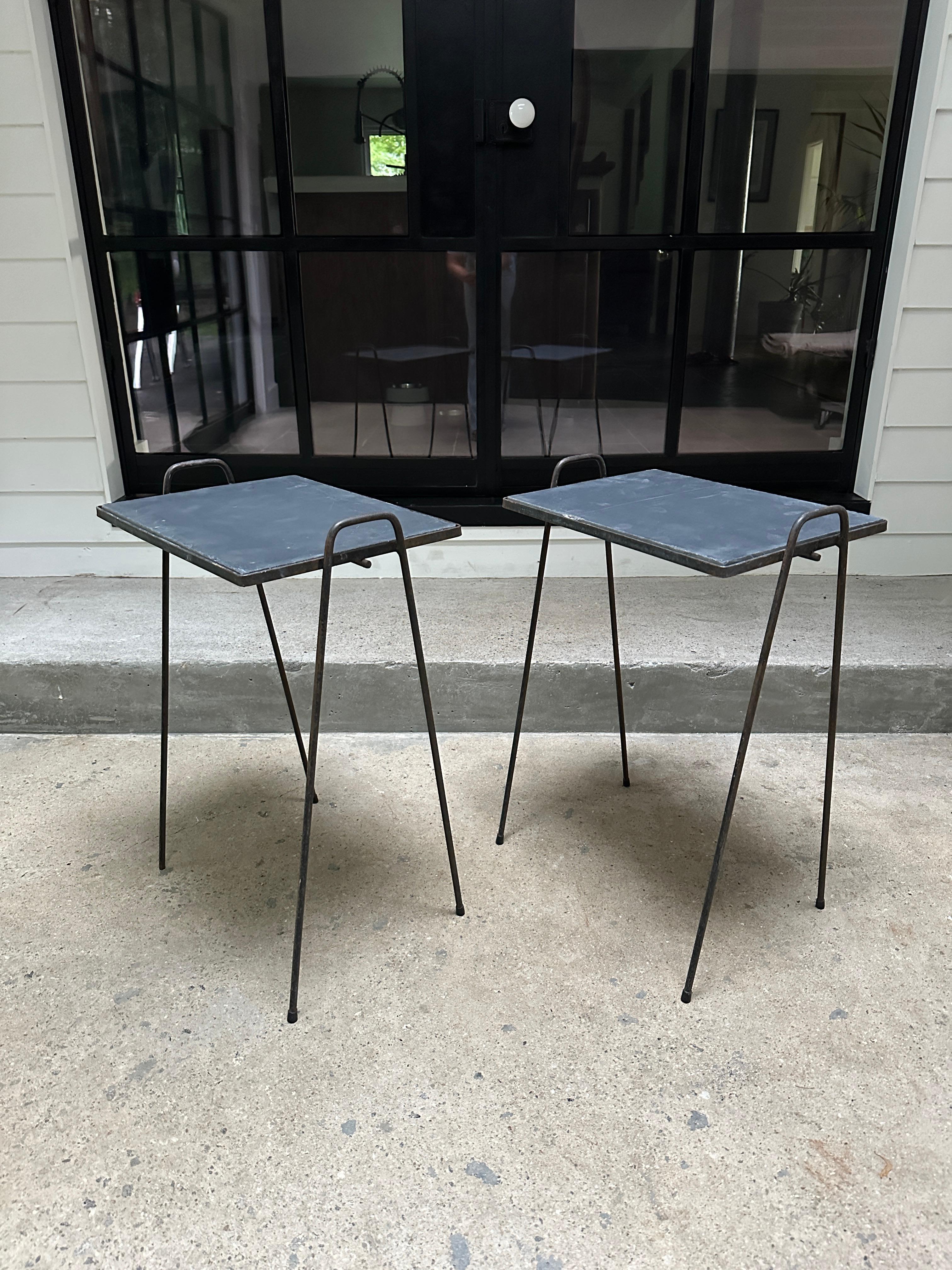 Mid Century wrought iron side tables with slate tops - 2 available In Good Condition For Sale In Asheville, NC