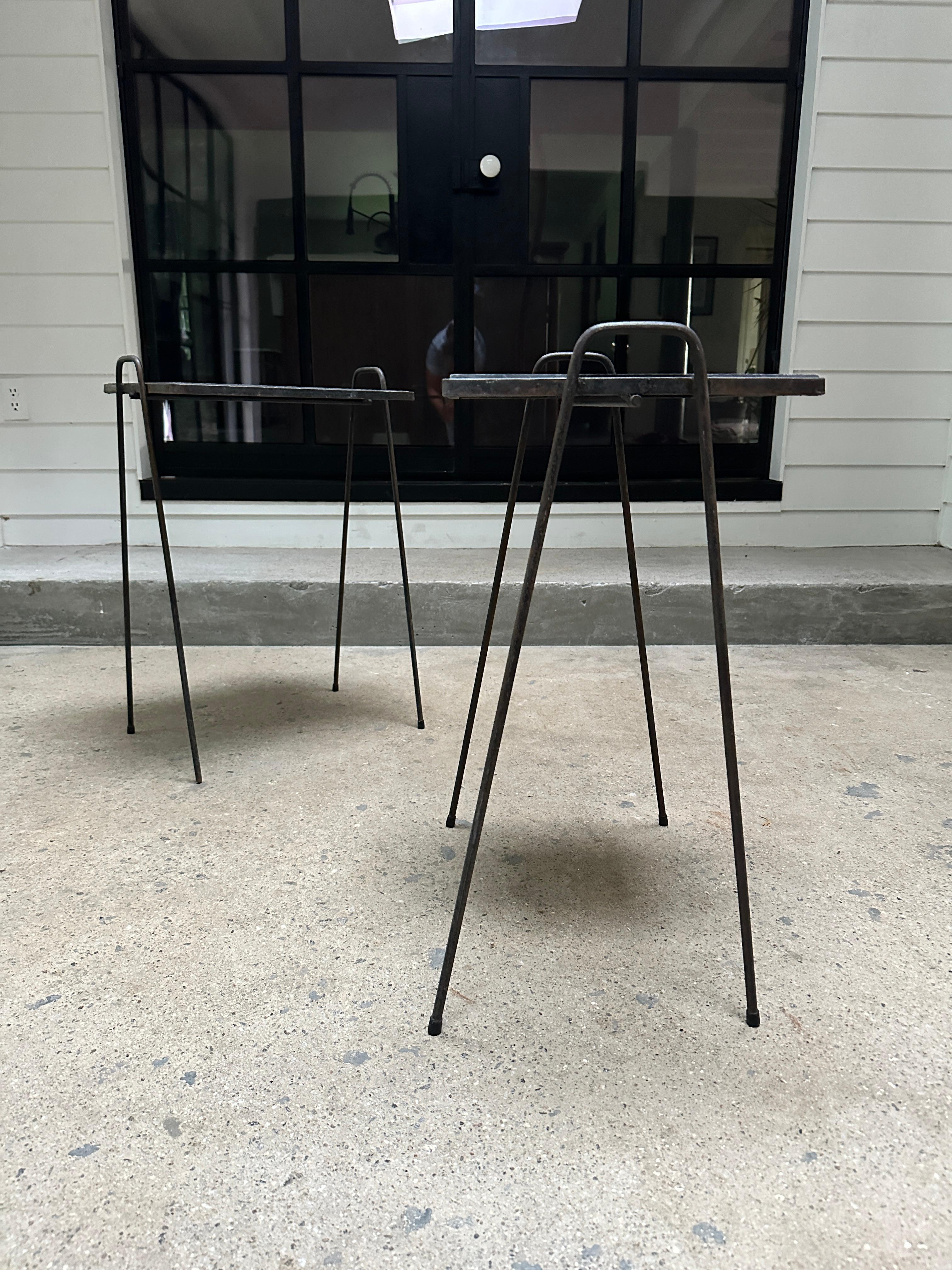 20th Century Mid Century wrought iron side tables with slate tops - 2 available For Sale