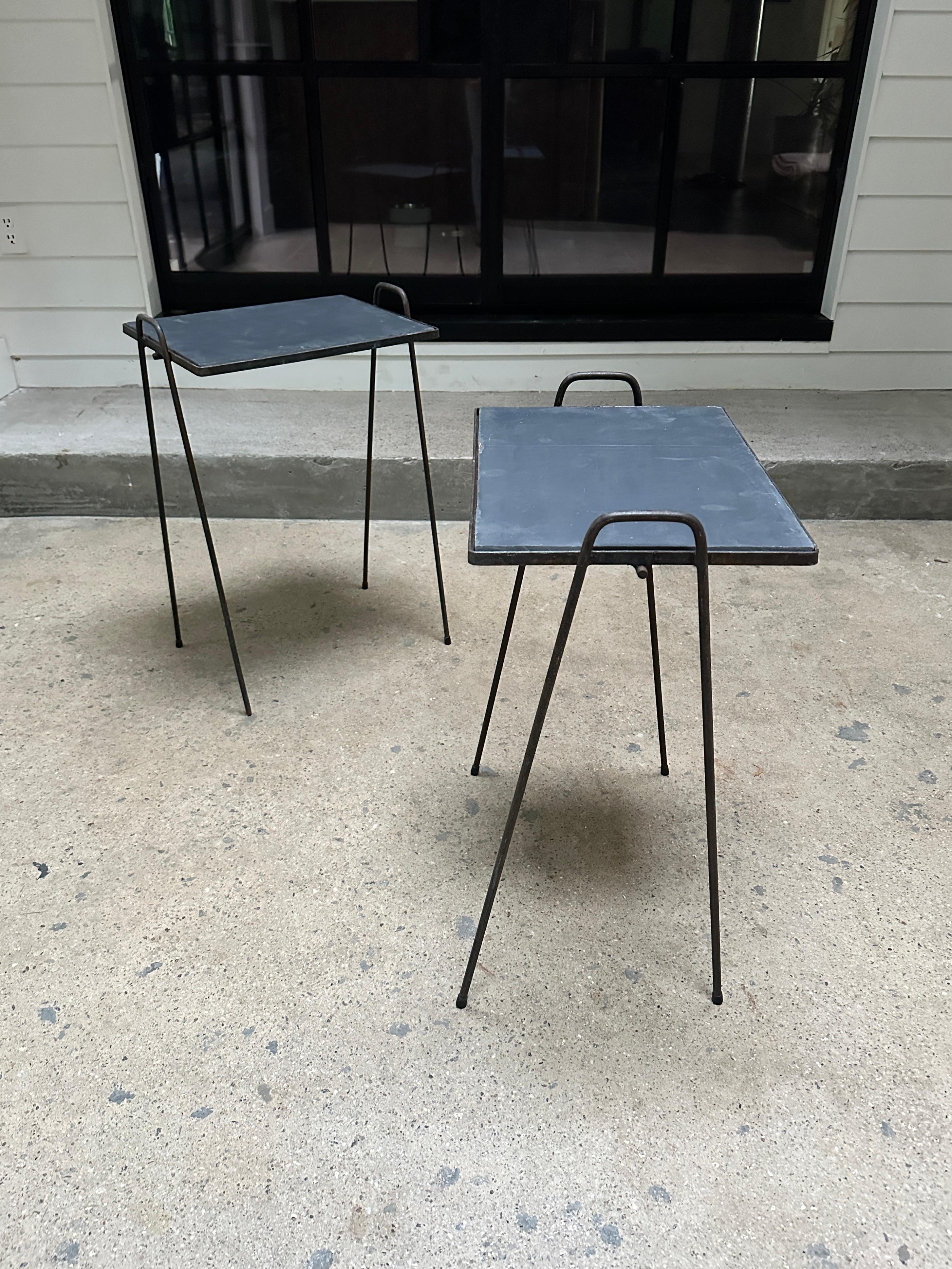 Wrought Iron Mid Century wrought iron side tables with slate tops - 2 available For Sale