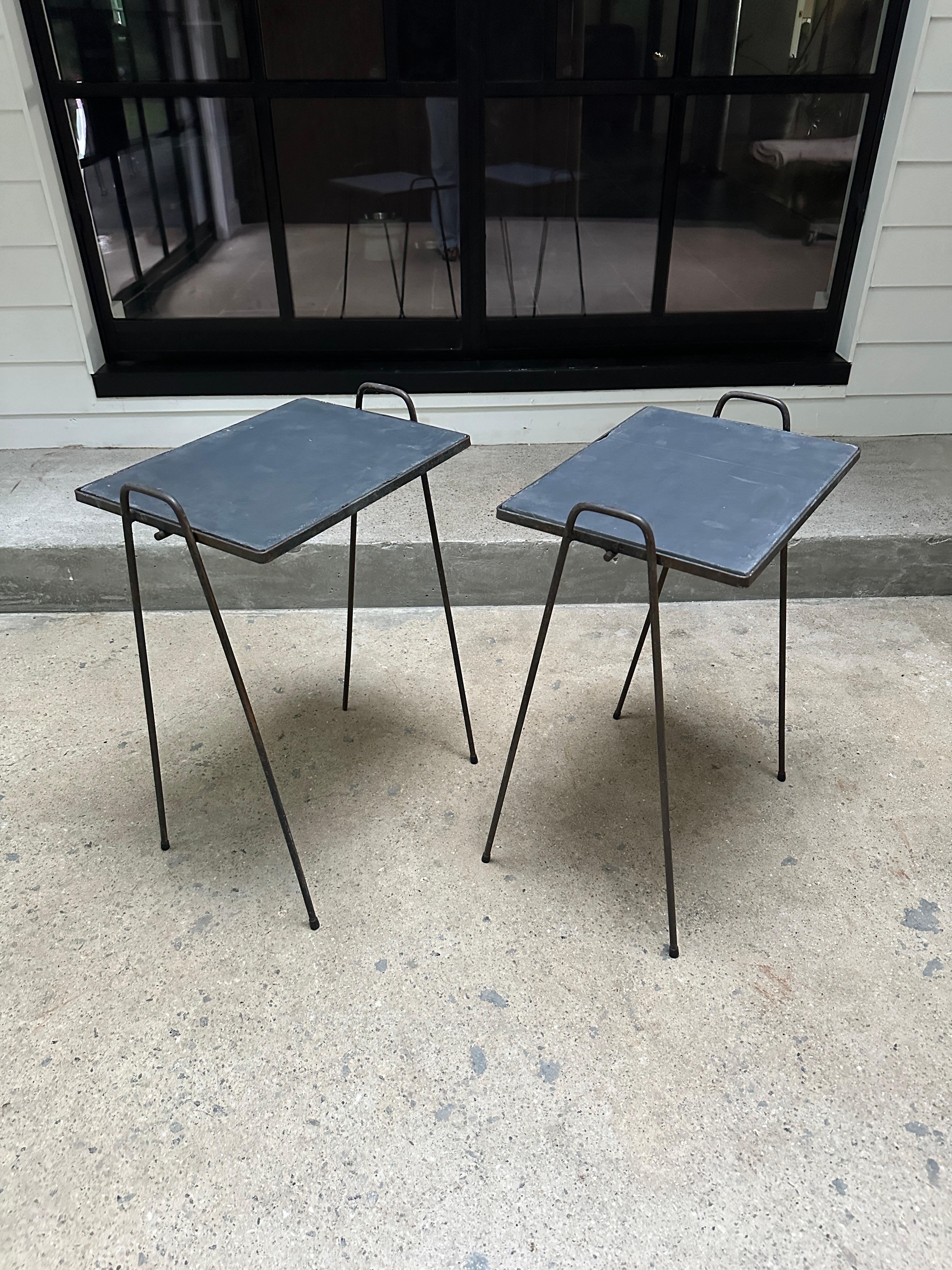 Mid Century wrought iron side tables with slate tops - 2 available For Sale 1