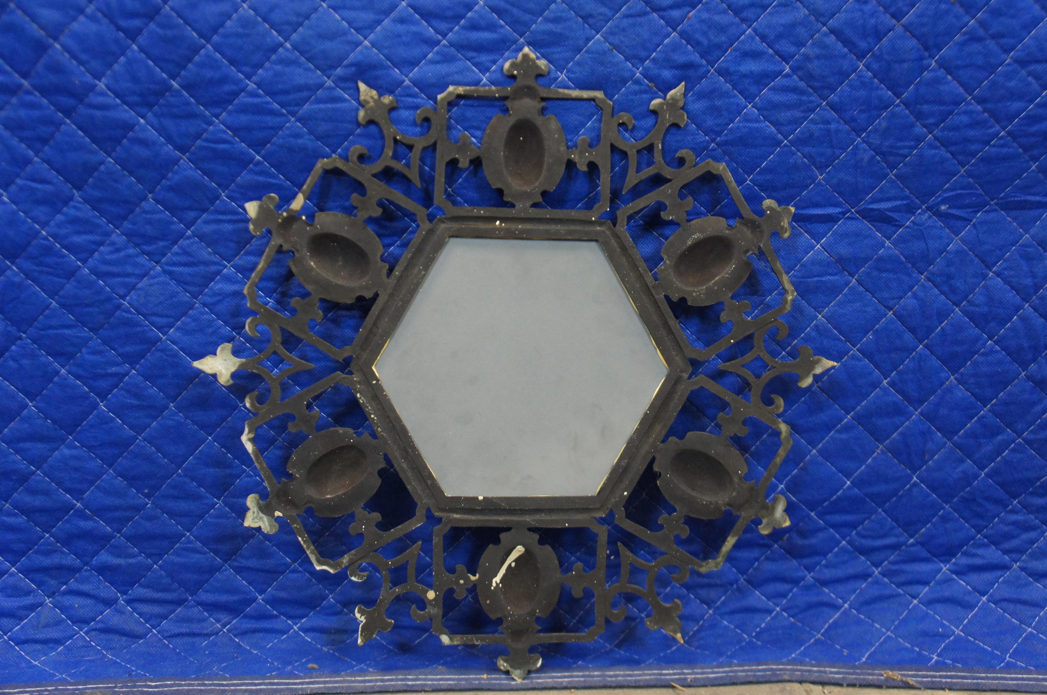 Mid Century Wrought Iron Spanish Revival Fleur de Lis Wall Vanity Mirror 2