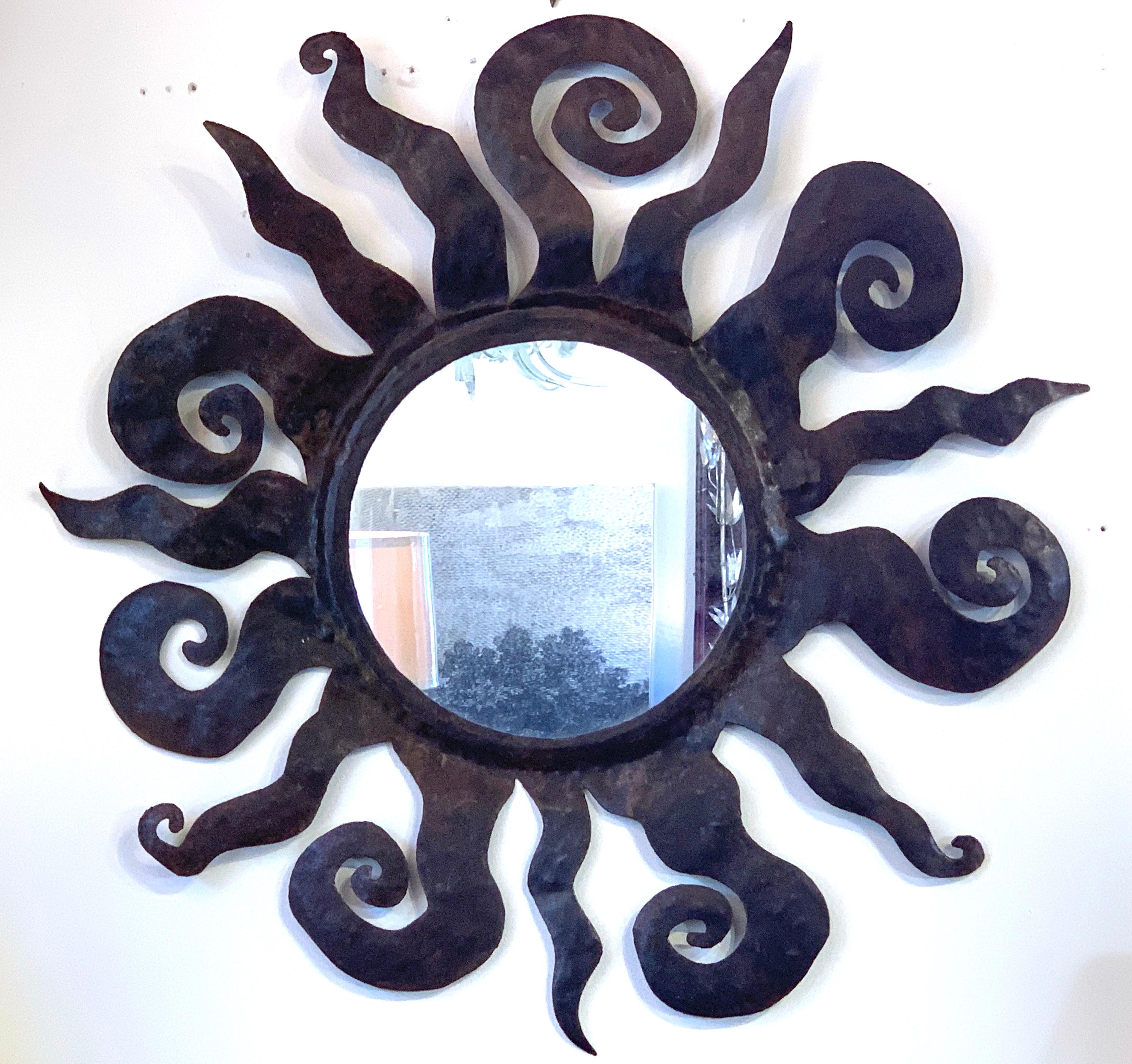 Mid-Century Modern Midcentury Wrought Iron Sunburst Mirror Attributed to Sergio Bustamante For Sale