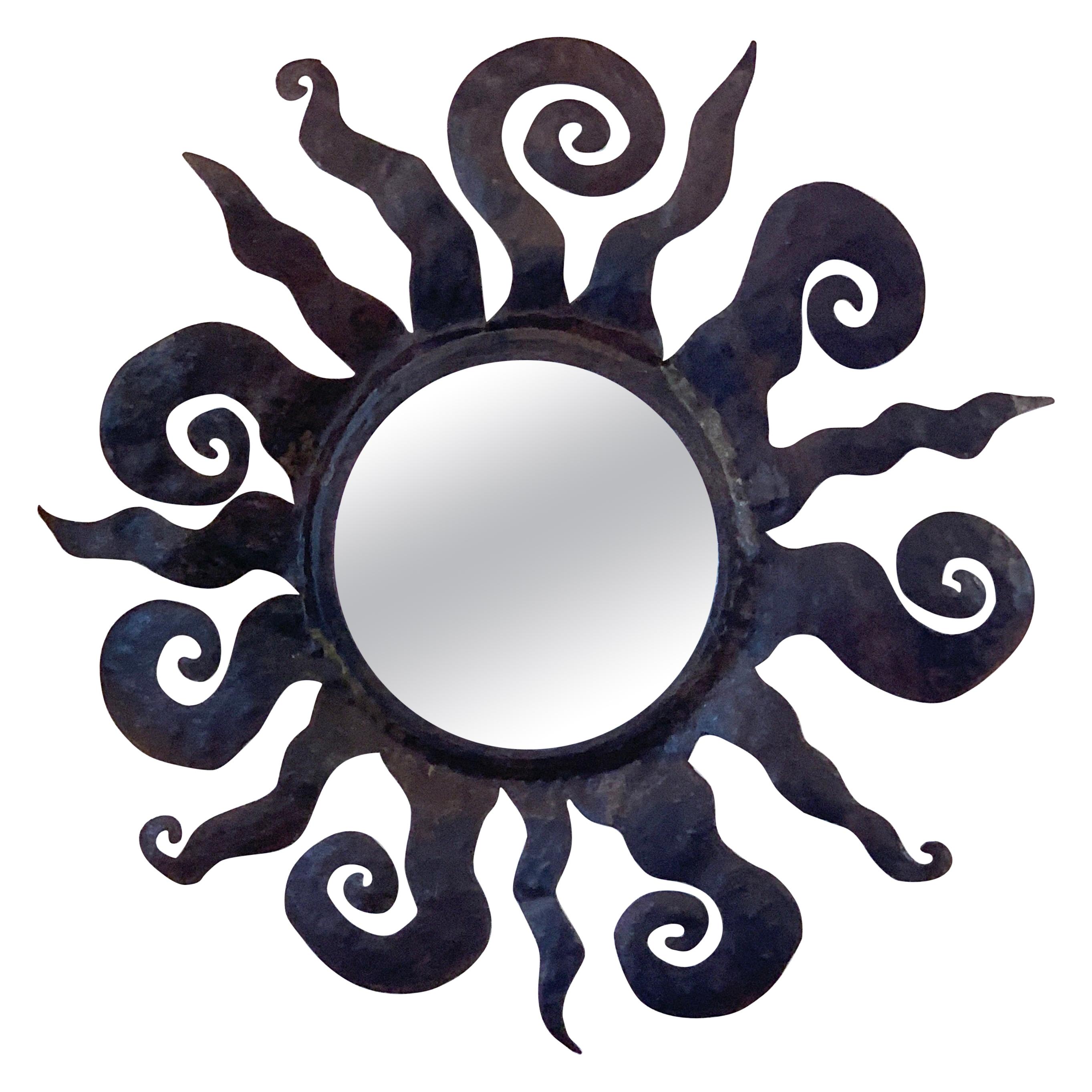 Midcentury Wrought Iron Sunburst Mirror Attributed to Sergio Bustamante For Sale