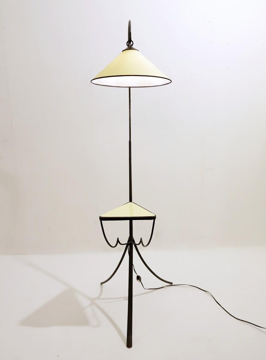 Metal Mid-Century Wrought Iron Tripod Floor Lamp with Shelf, Italy, 1960s For Sale