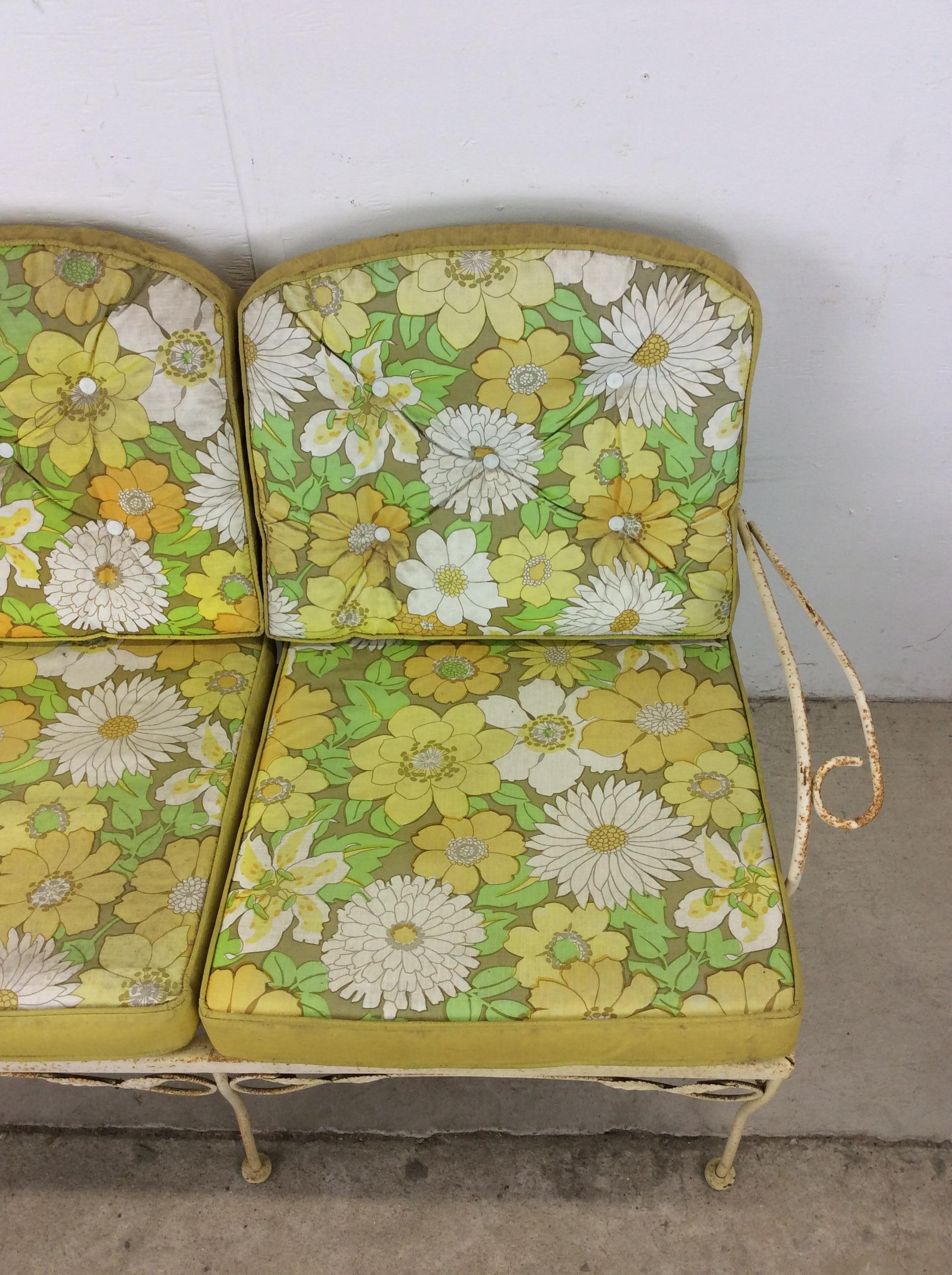 Mid-Century Modern Mid century wrought iron yellow loveseat with floral upholstery For Sale