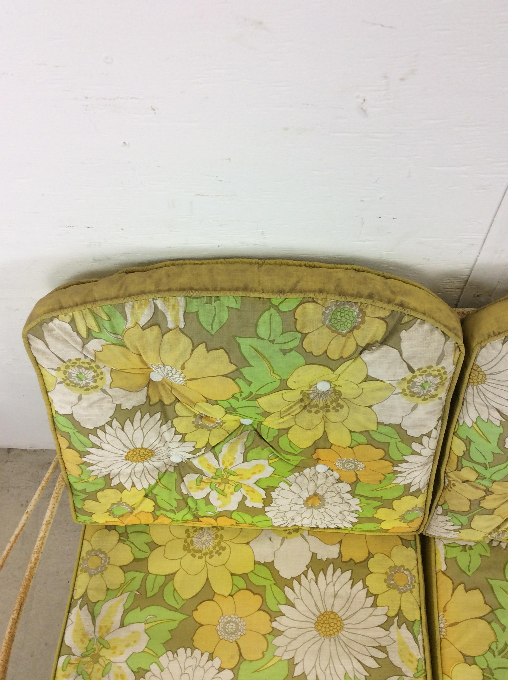 American Mid century wrought iron yellow loveseat with floral upholstery For Sale