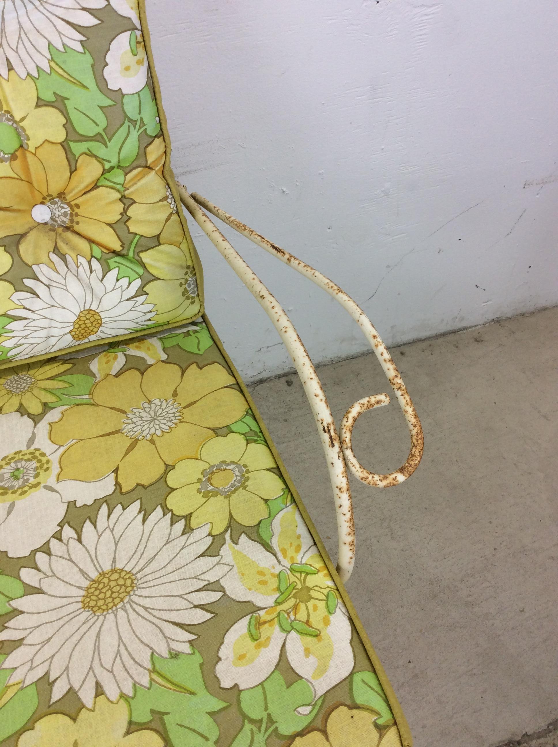 Upholstery Mid century wrought iron yellow loveseat with floral upholstery For Sale