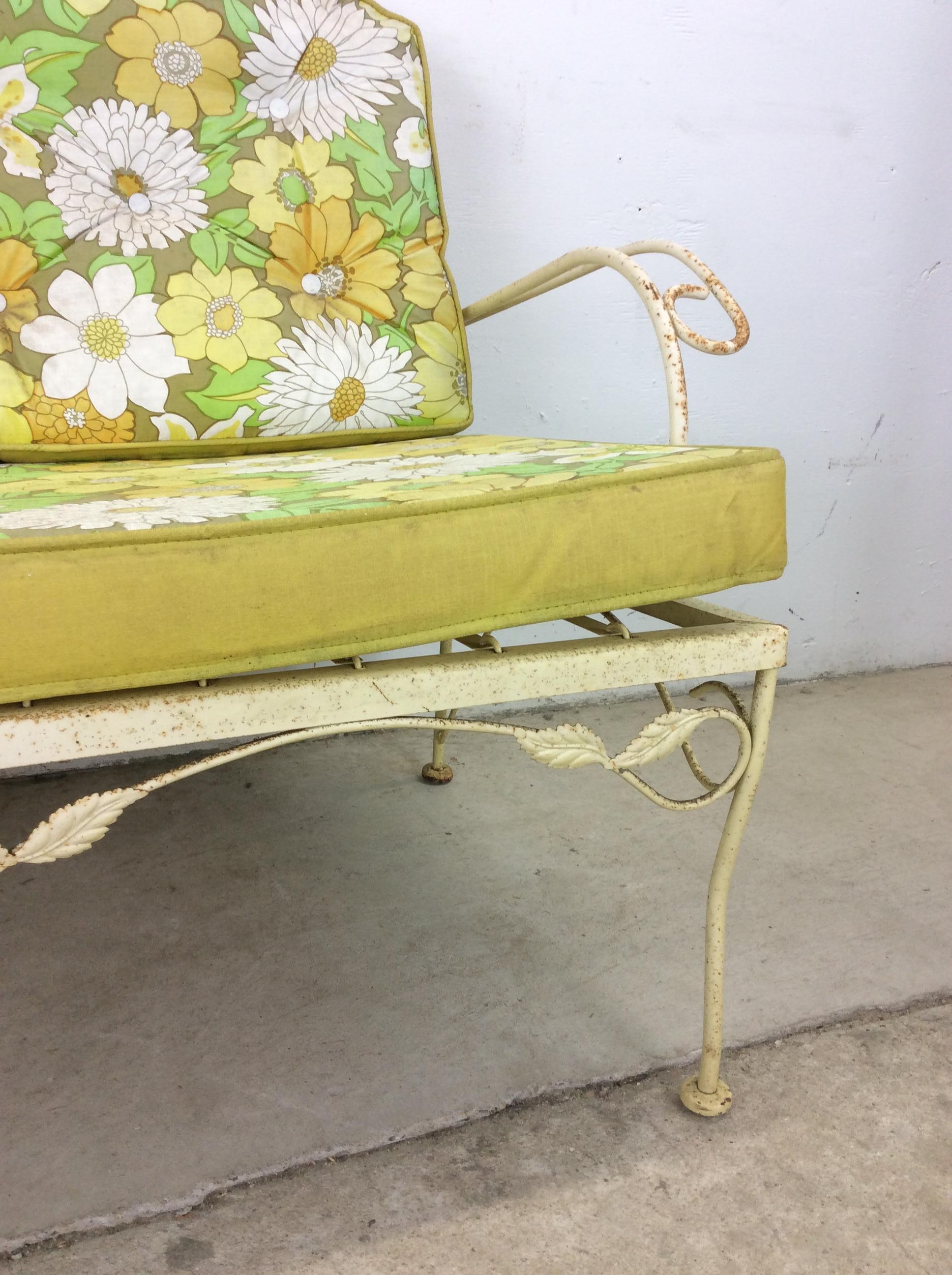 Mid century wrought iron yellow loveseat with floral upholstery For Sale 2