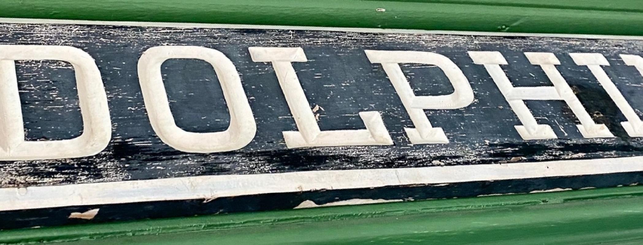 Vintage mid century yacht quarterboard, circa 1950, a hand carved and hand painted yacht name-board in weathered but very strong and stable painted surface. Great name and attractive appearance, in a perfect size.

Actual quarterboards, used are
