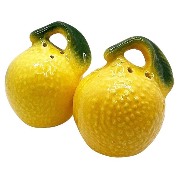 Mid Century Yellow and Green Lemon Salt and Pepper Shakers - A Pair